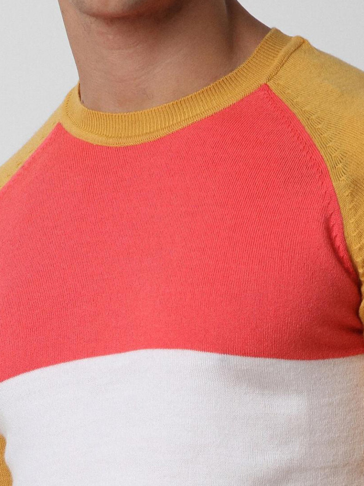 Peter England Yellow Cotton Regular Fit Colour Block Sweater