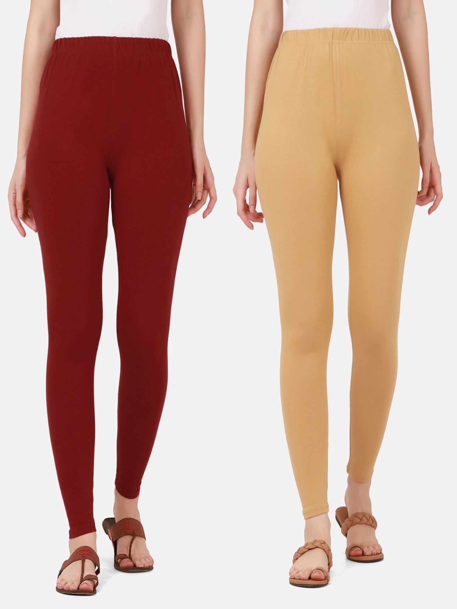 BUYNEWTREND Maroon & Beige Cotton Leggings - Pack Of 2