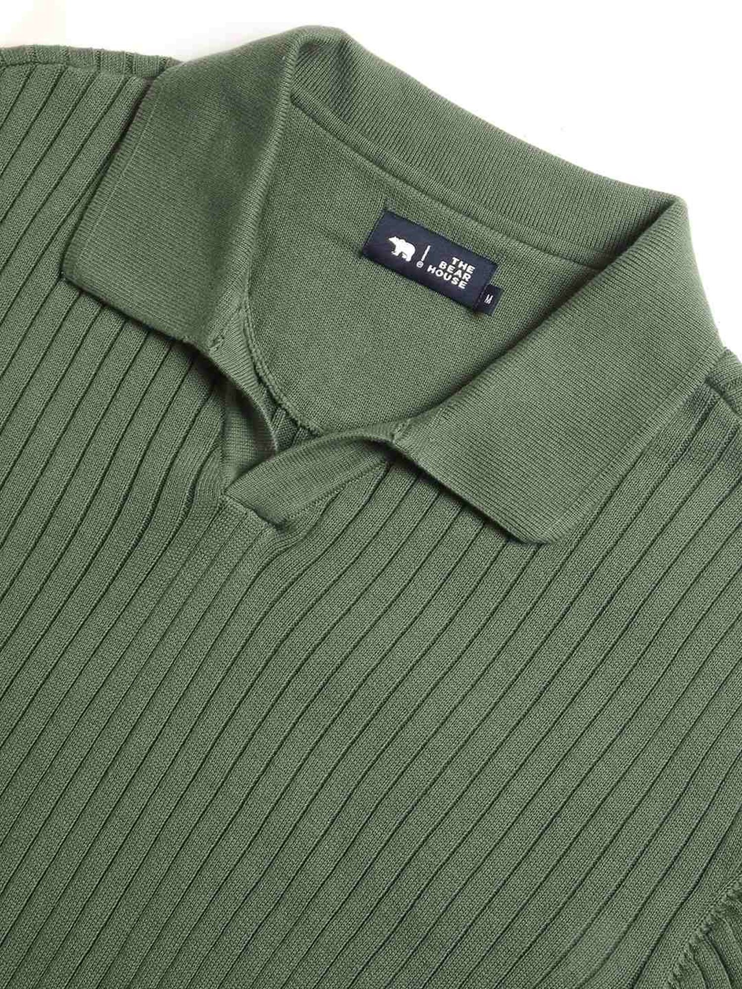 The Bear House Green Cotton Regular Fit Self Pattern Polo T-Shirt