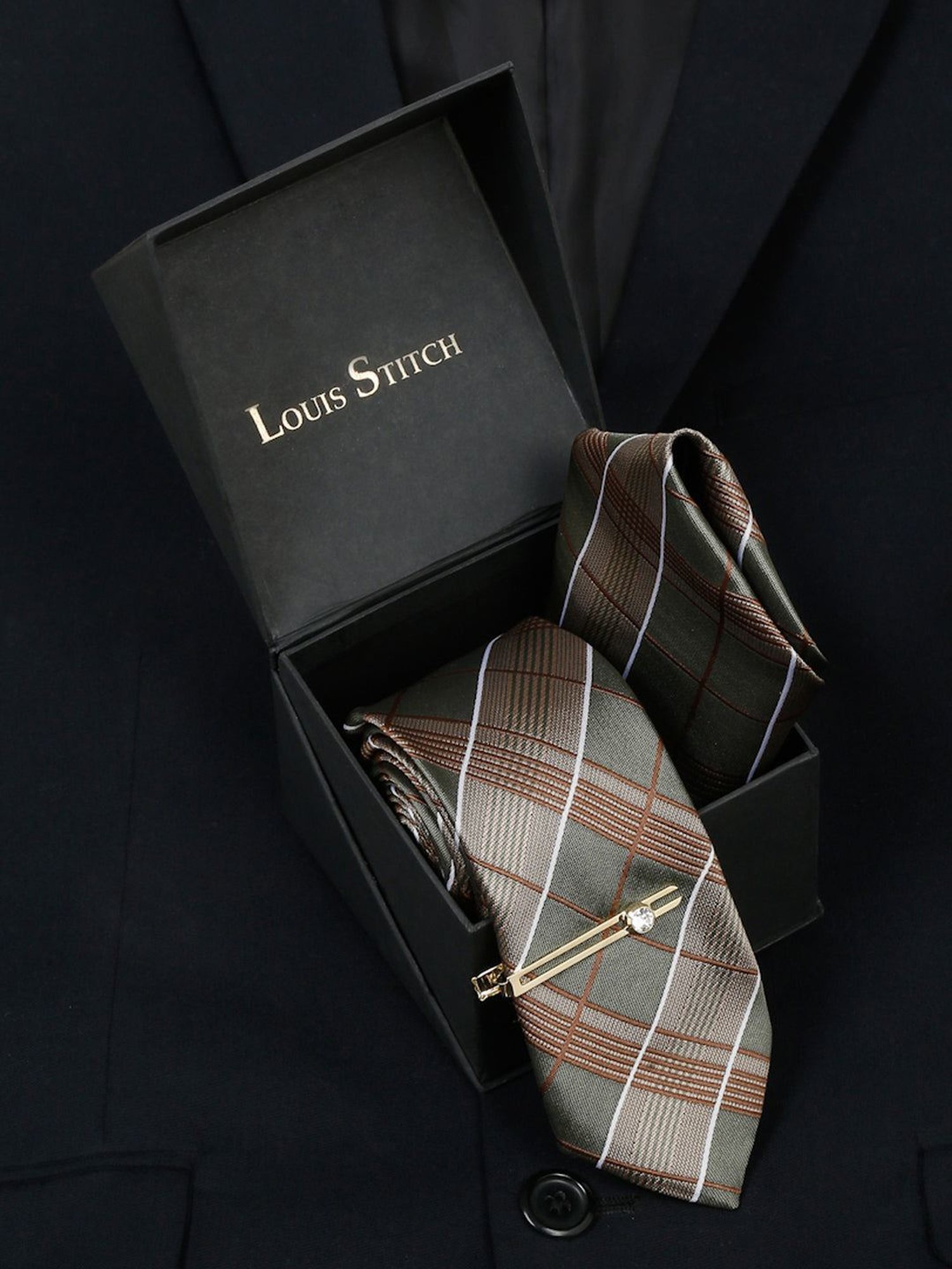 Louis Stitch Green Checks Necktie Gift Set - Set of 3