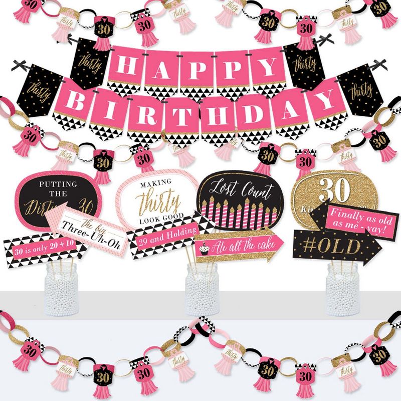 Big Dot of Happiness Chic 30th Birthday - Pink, Black and Gold - Banner and Photo Booth Decorations - Birthday Party Supplies Kit - Doterrific Bundle
