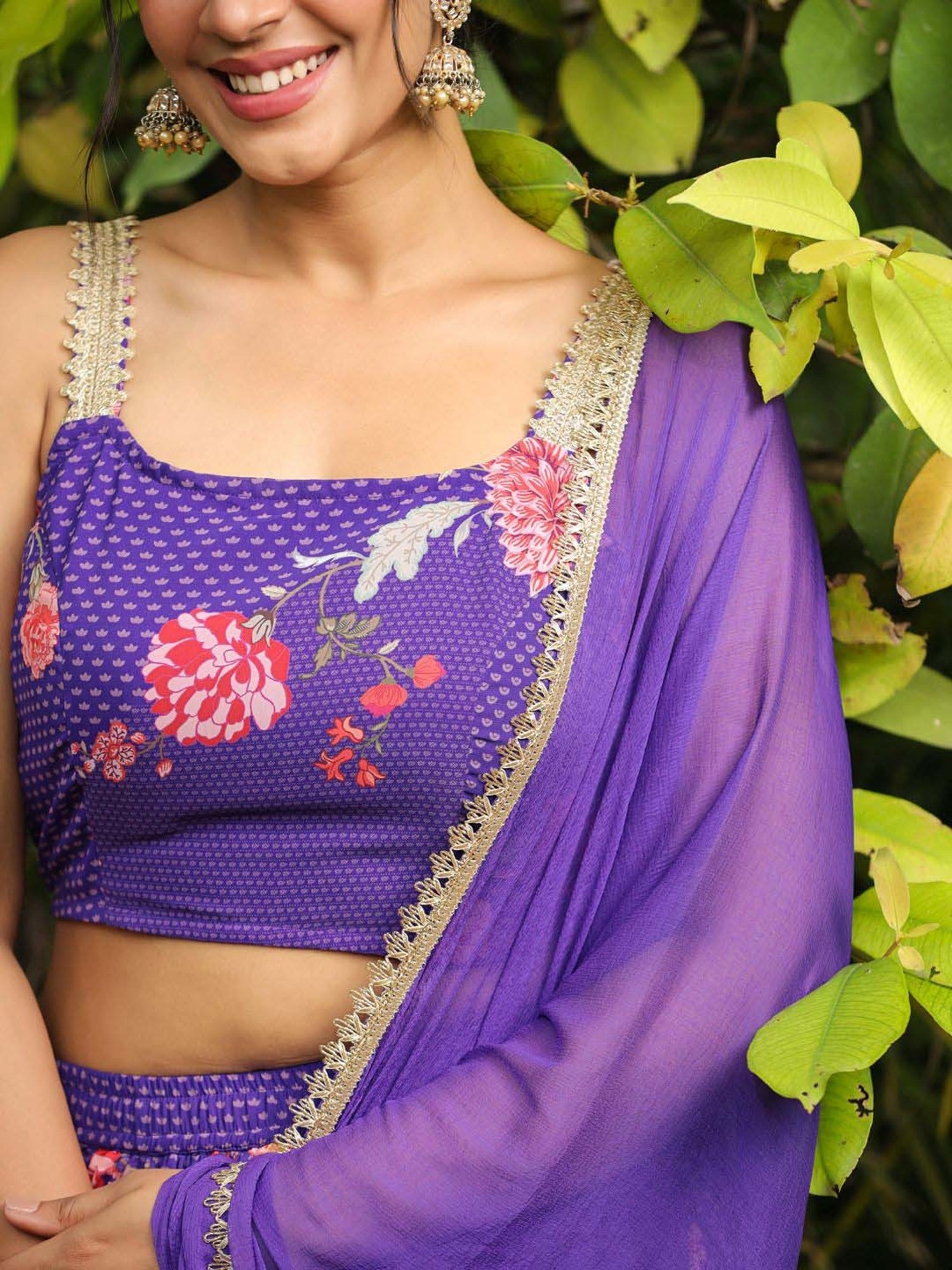 Janasya Purple Printed Lehenga Choli Set With Dupatta