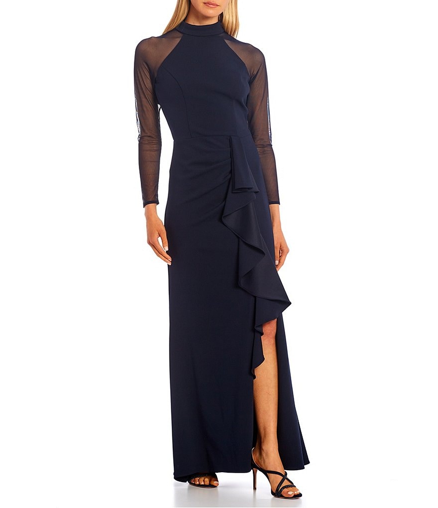 Betsy & Adam Mock Neck Long Illusion Sleeve Ruffle Slit Leg Stretch Gown
