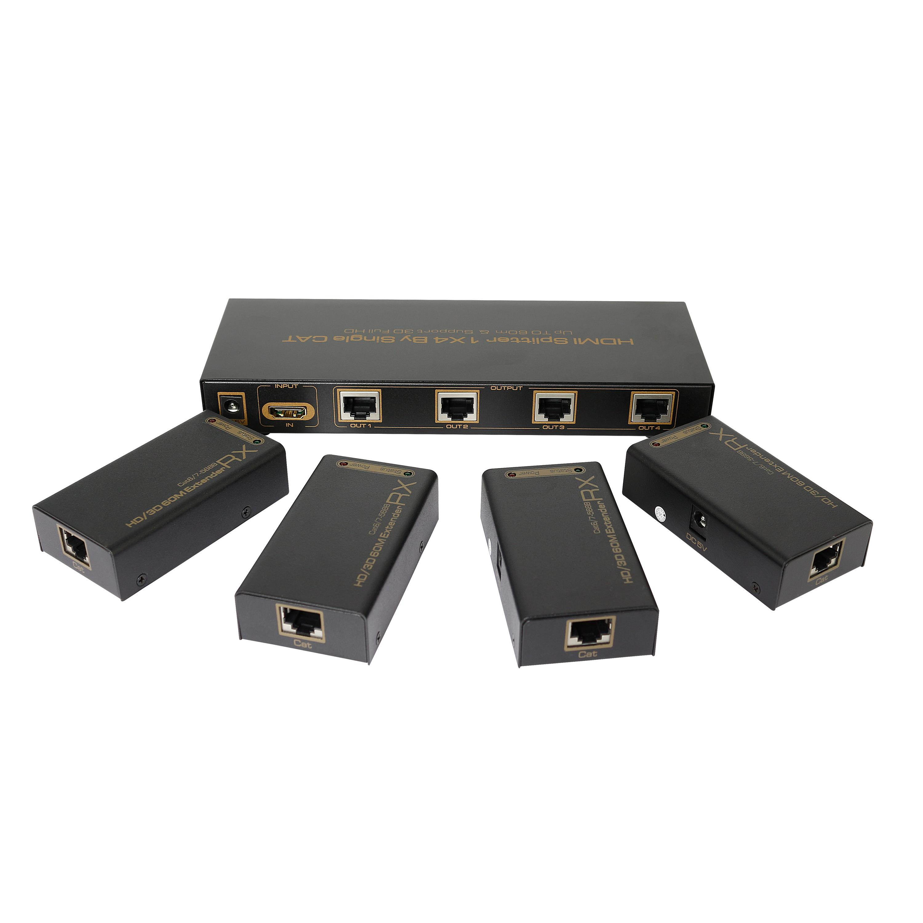 1x4 4 Port HDMI Extender Splitter HDMI Signal Distribution Amplifier  HDMI 1x4 splitter (1 minute 4 cable extender)