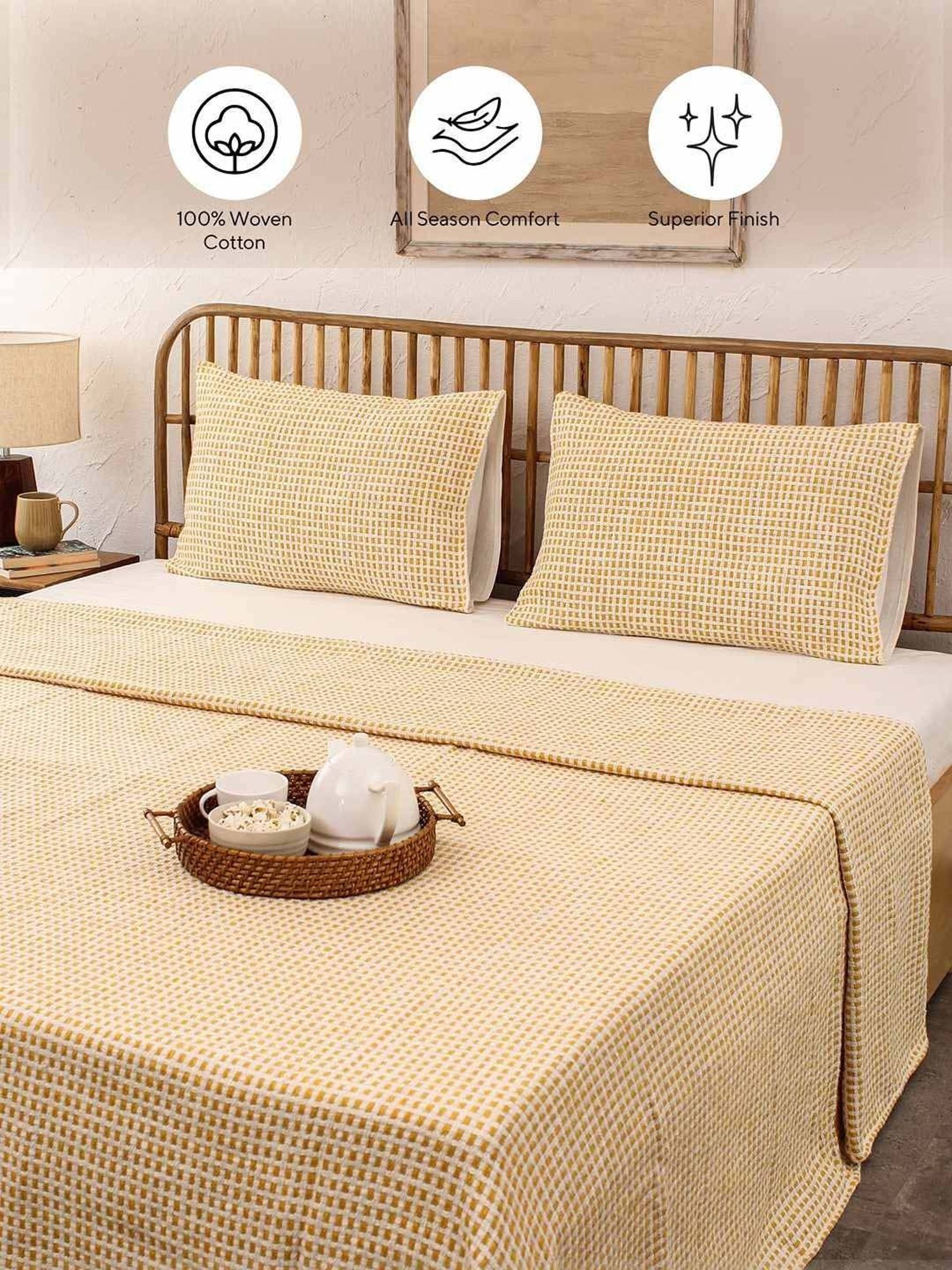 House This Girnar Yellow 150 TC Cotton Double Bedcover with 2 Pillow Covers