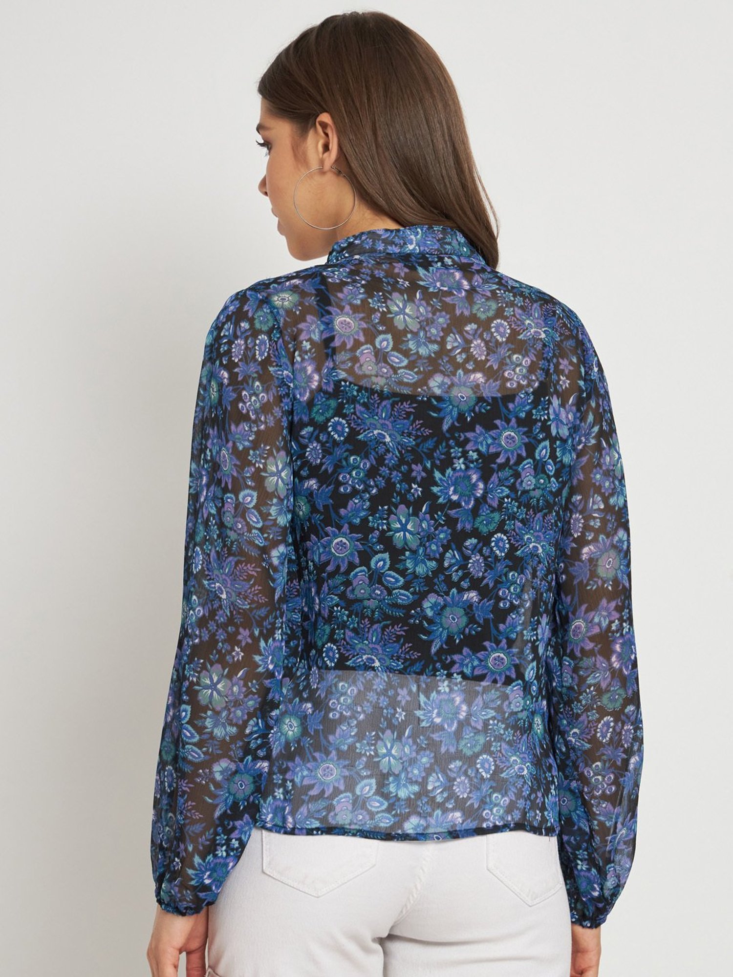 Anvi Be Yourself Blue Floral Print Semi-Sheer Shirt