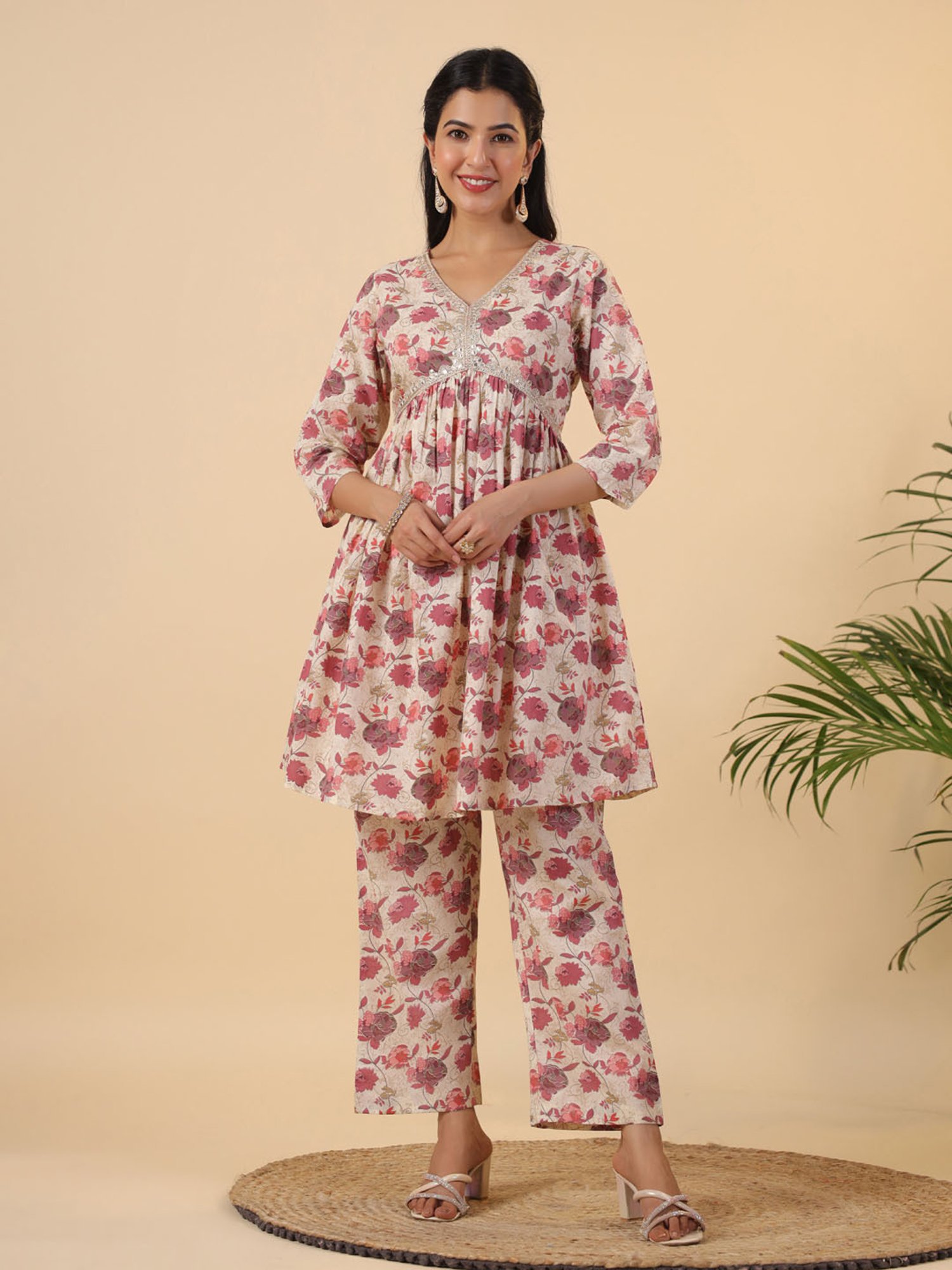 Janasya Beige Cotton Kurta With Pants