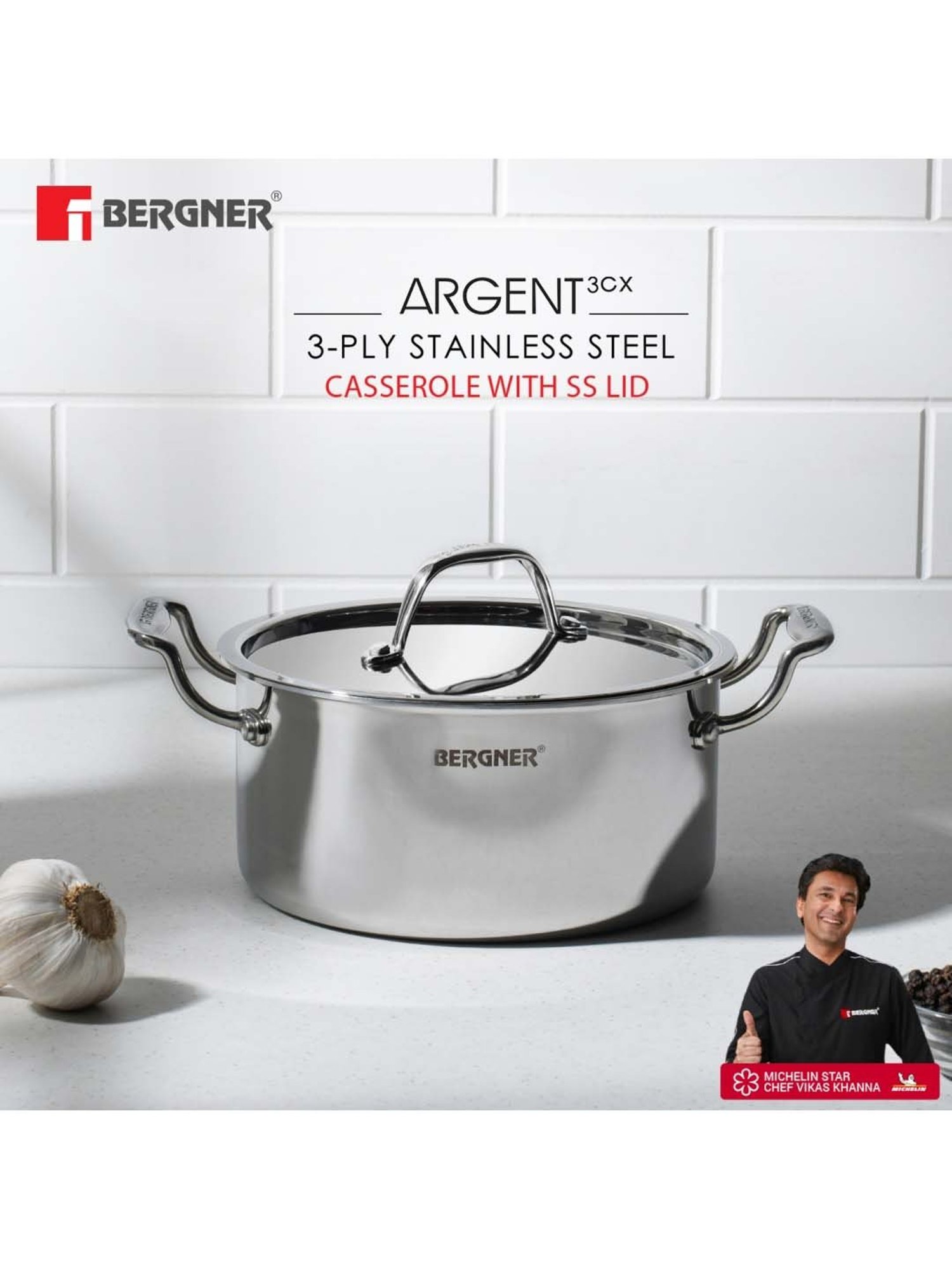 Bergner Triply Silver Stainless Steel Induction Base Casserole 20 cm diameter with Lid - Set of 1