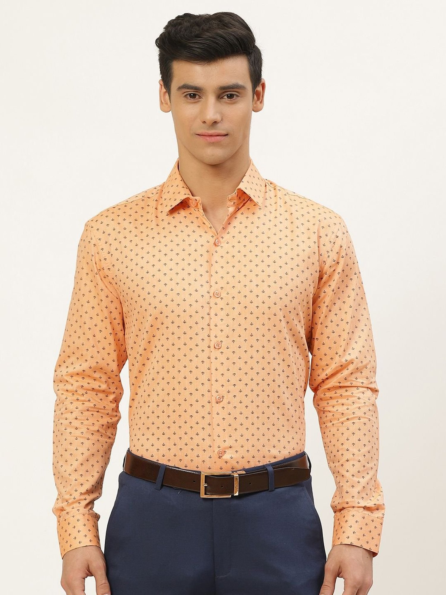 Sojanya Peach Cotton Regular Fit Printed Shirt