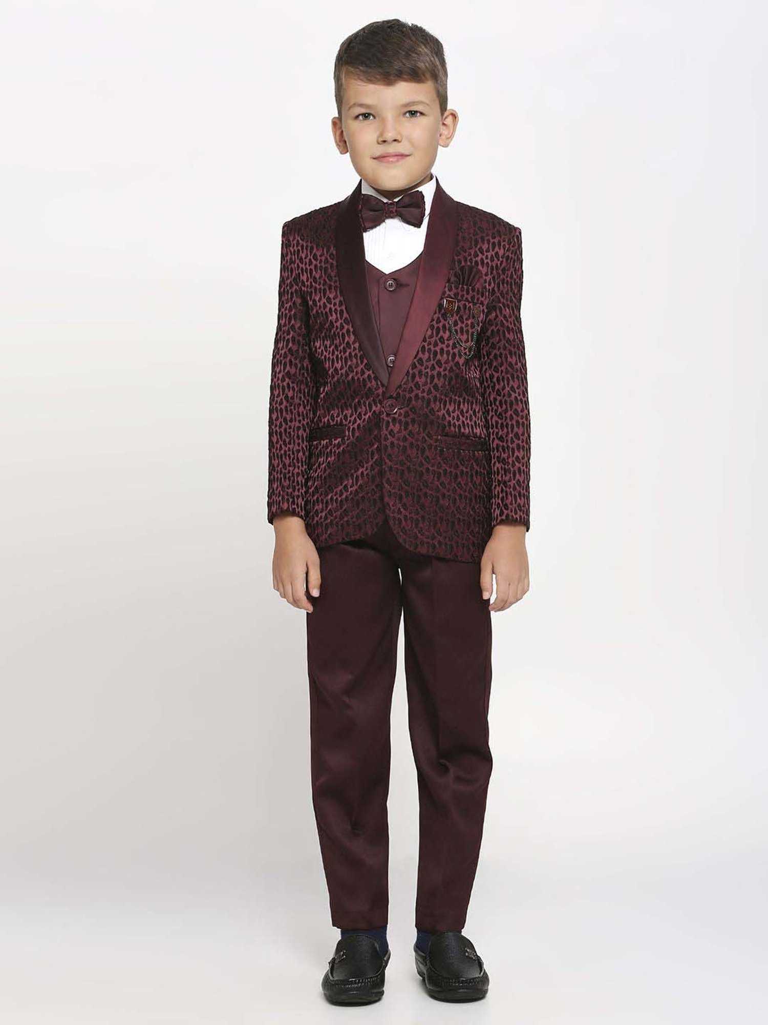 Kids Island Boys Maroon & White Jacquard Full Sleeves Suit Set
