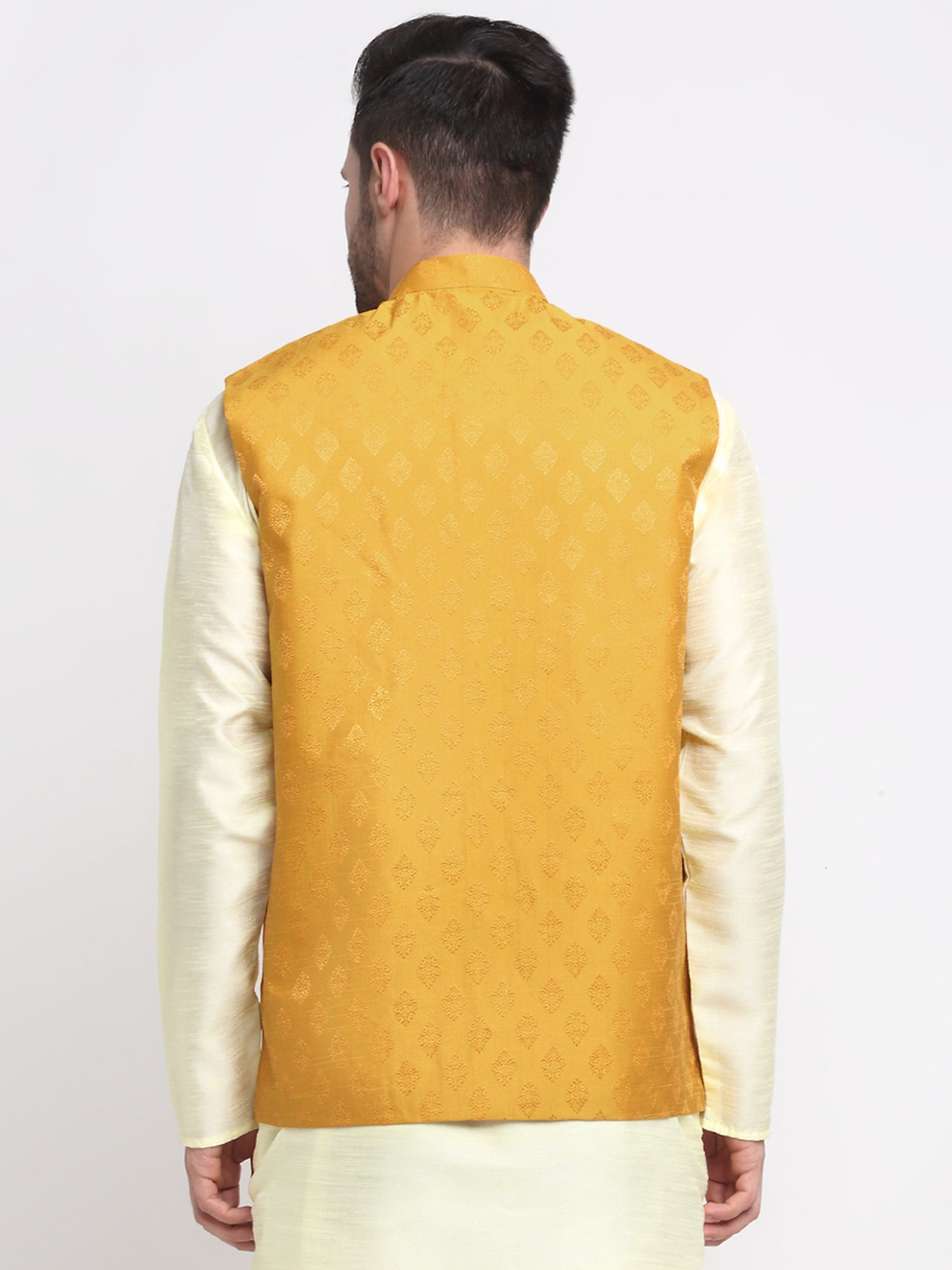Neudis Men Yellow Printed Sleeveless Nehru Jacket