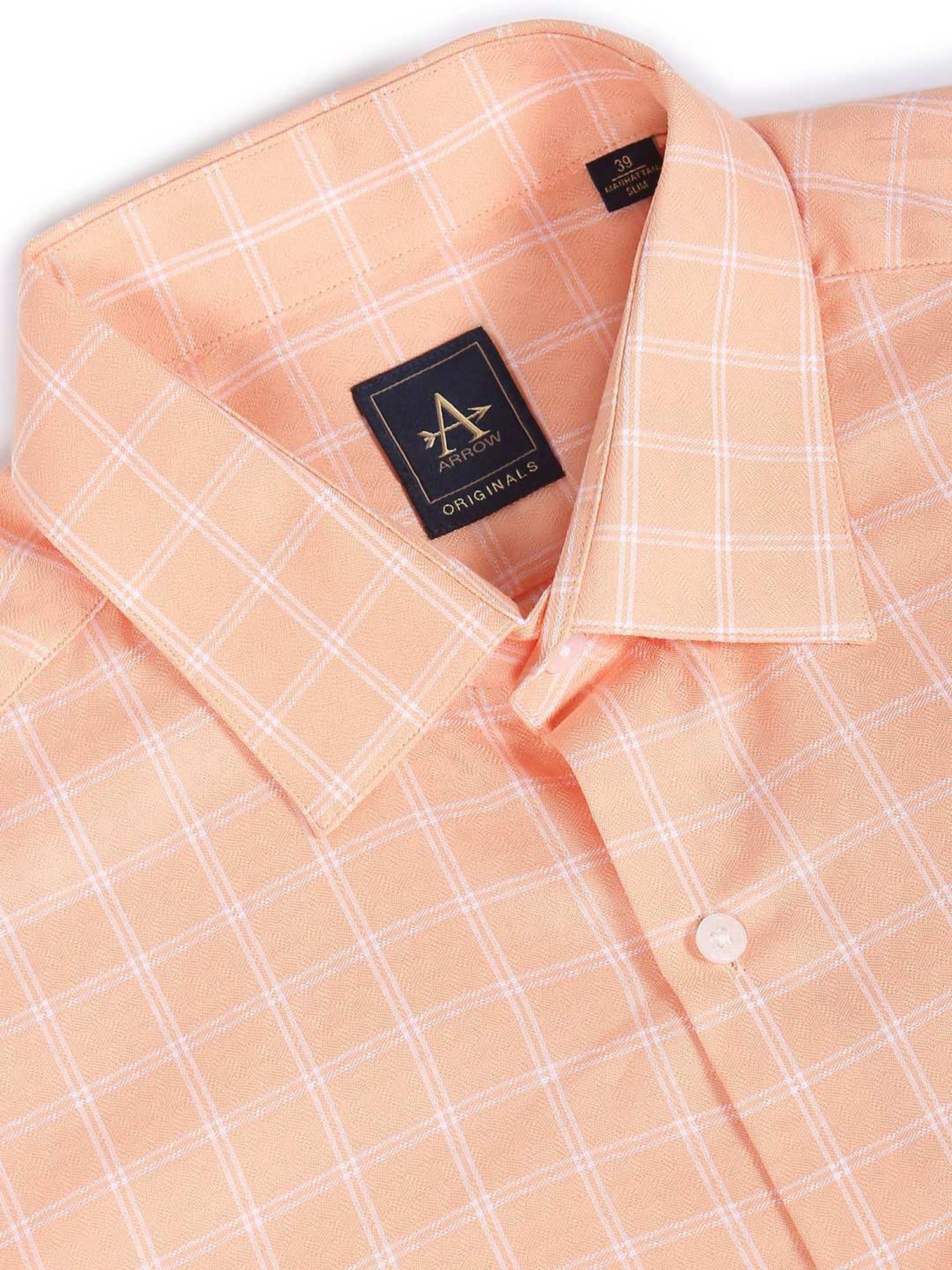 Arrow Orange Cotton Slim Fit Checks Shirt