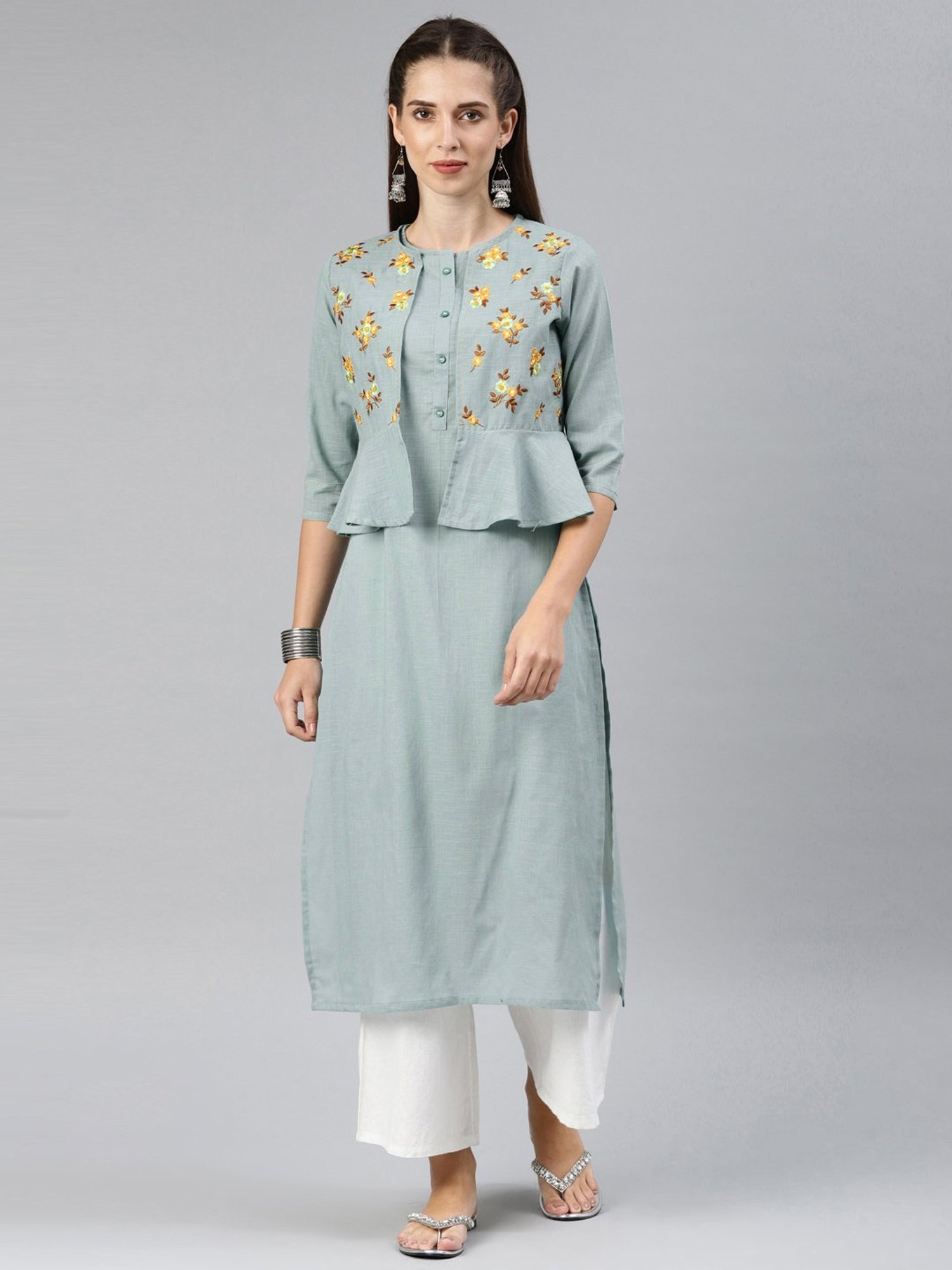 Alena Green Cotton Embroidered Straight Kurta