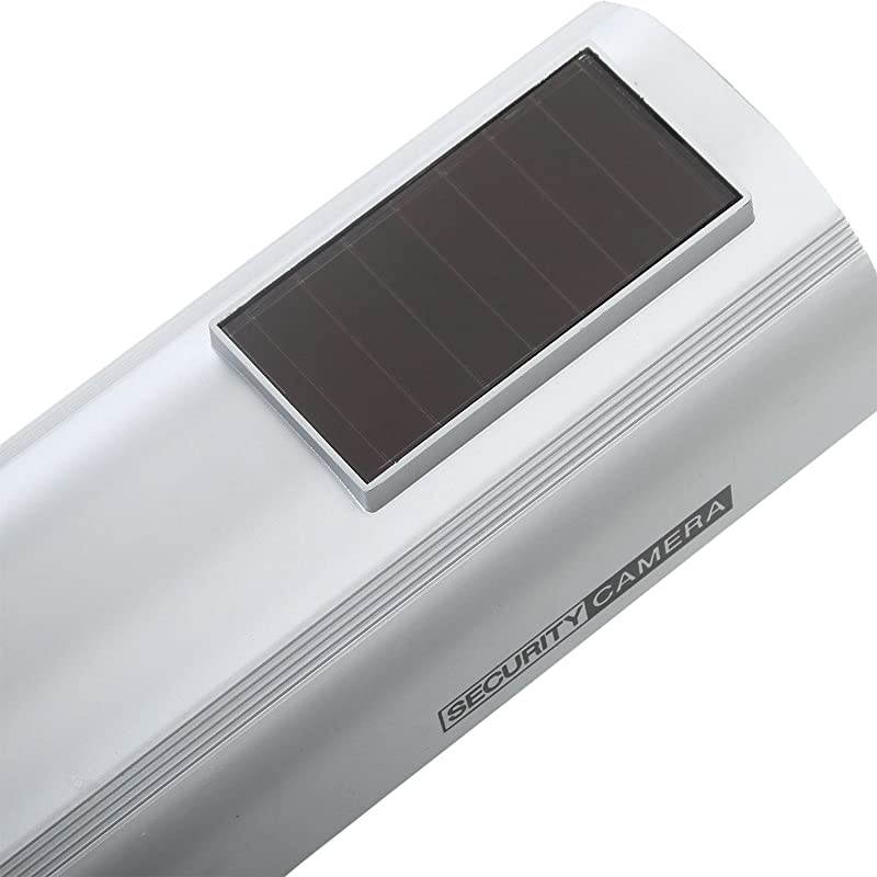 Solar Powered Bullet Dummy Fake Simulated Surveillance Security CCTV Dome Camera Indoor Outdoor with 1 LED Light Warning Security Alert Sticker Decal SOLTCS4 4 Packs Silver