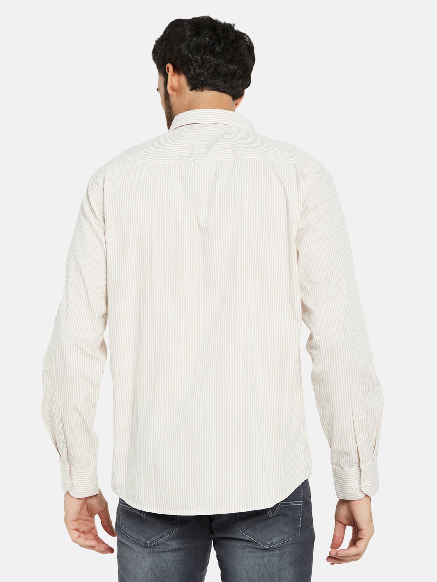 METTLE Cream Regular Fit Striped Shirt