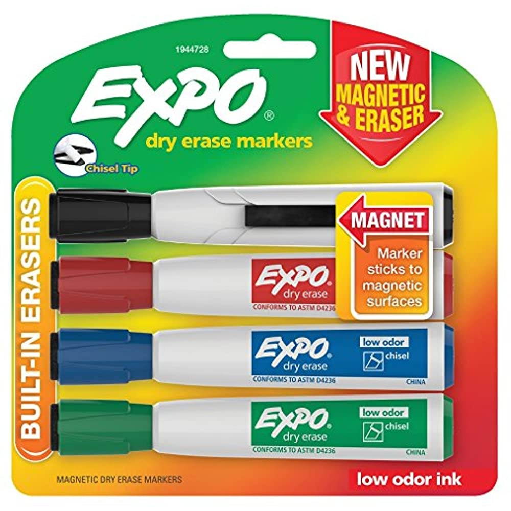 EXPO 1944728 Magnetic Dry Erase Marker, Chisel Tip, Assorted, 4/Pack