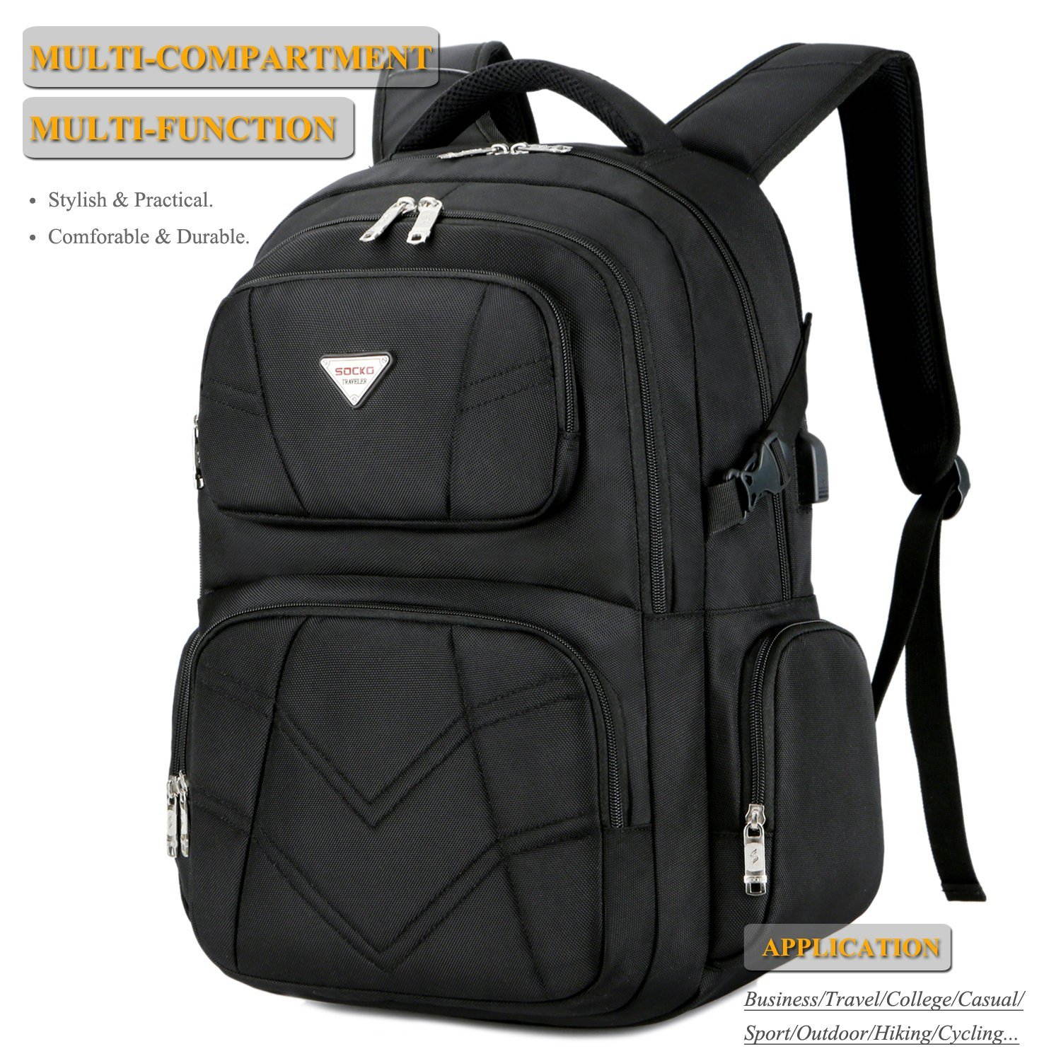 Jansicotek SOCKO 17.3 Inch Shockproof Laptop Backpack with USB Port / Roomy Lightweight Water Resistant Business Travel Bag / Multi-functional Casual Daypack Bookbag School Bag College Back Pack,Gray