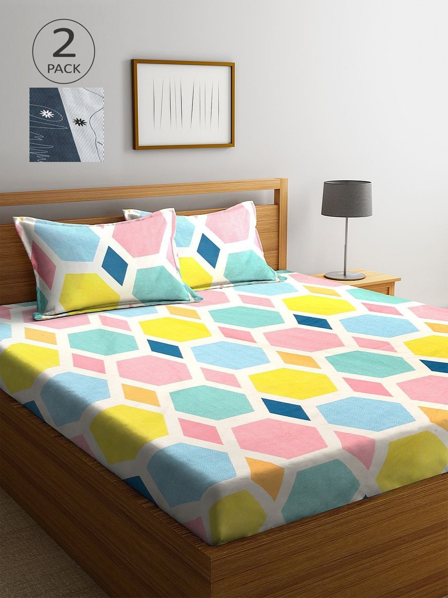 Klotthe Printed Yellow 210 TC Cotton Blend Double 2 Bed Sheets with 4 Pillow Covers