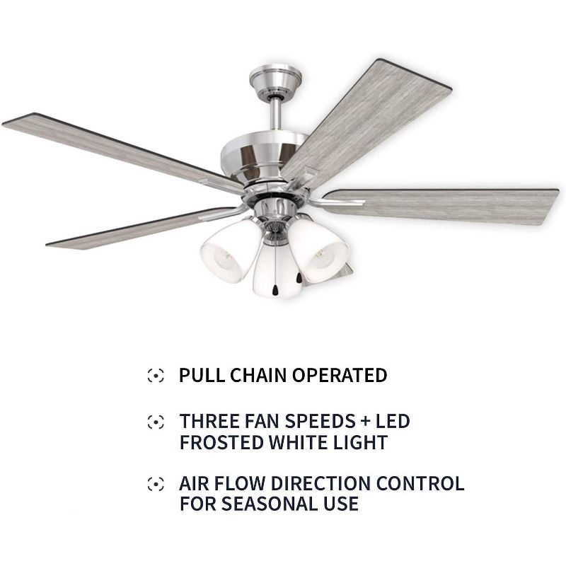 52" Dual Mount Brushed Nickel Ceiling Fan with Frosted White Glass Light (Reversible Blades)- Hearth Brands