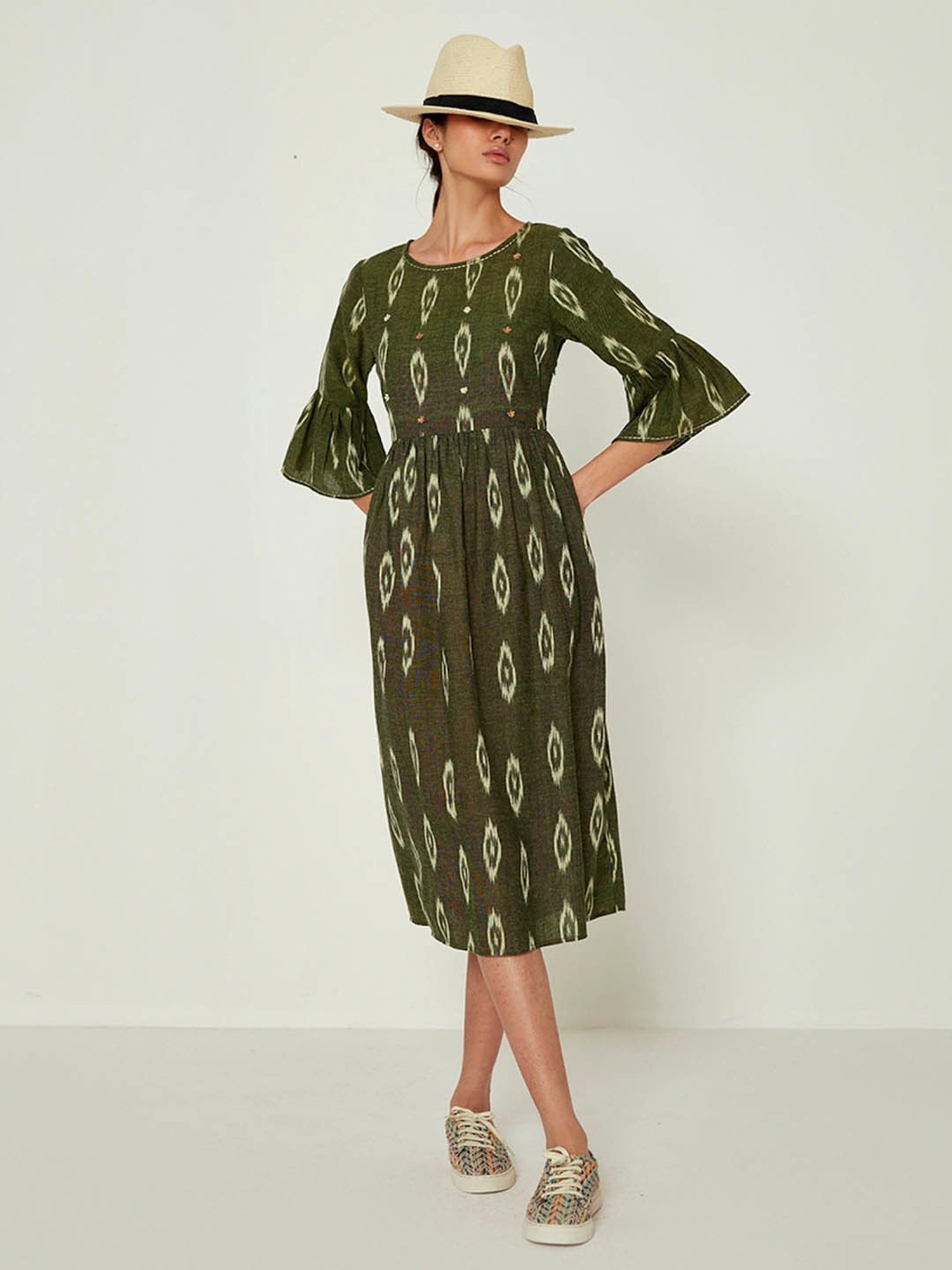 ANCESTRY Green Cotton Printed Midi Dress