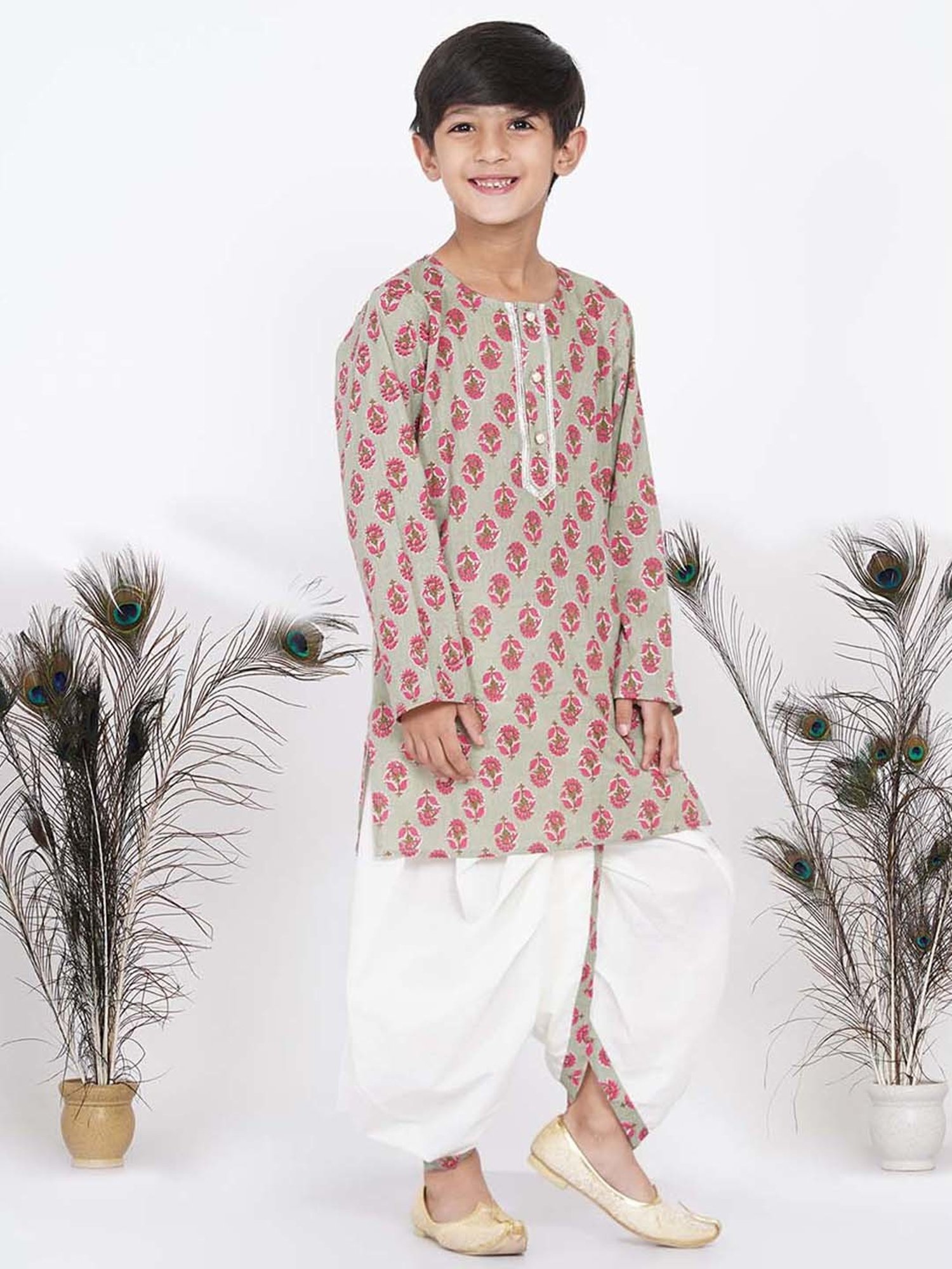 Little Bansi Kids Green & Cream Cotton Floral Print Full Sleeves Kurta Set