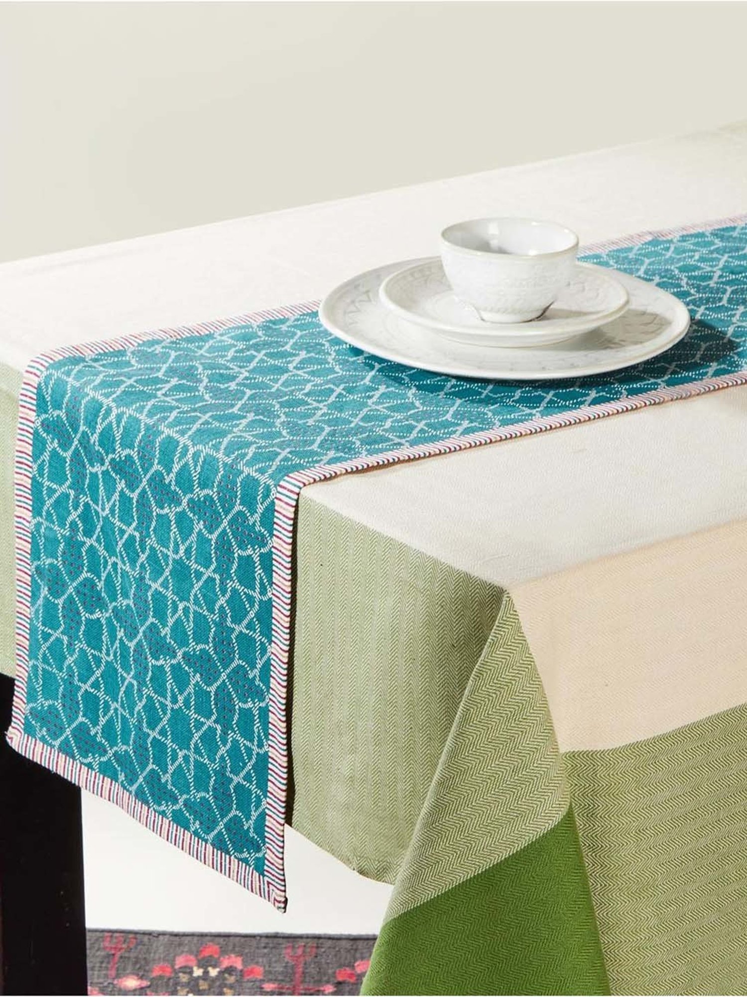 Fabindia Teal Cotton 48 TC 230 GSM Small Hand Runner