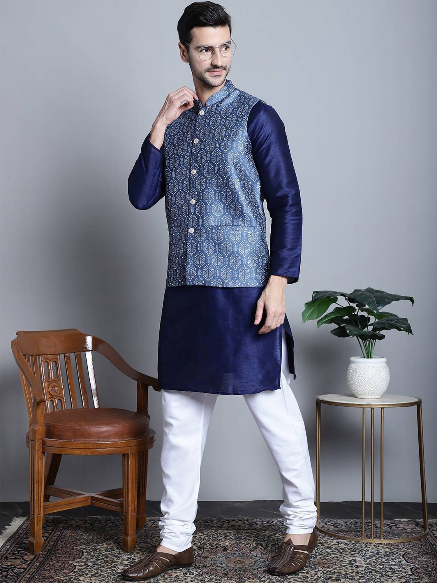 Jompers Blue  Regular Fit Printed Nehru Jacket