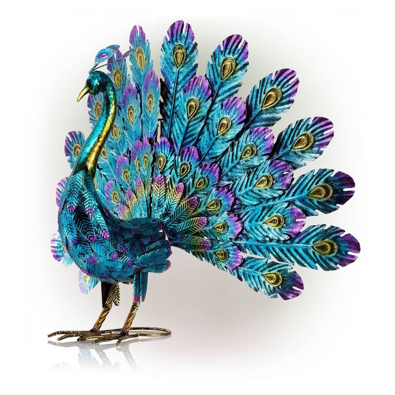22" Metal Feather Spread Peacock Outdoor Decor Statue - Alpine Corporation