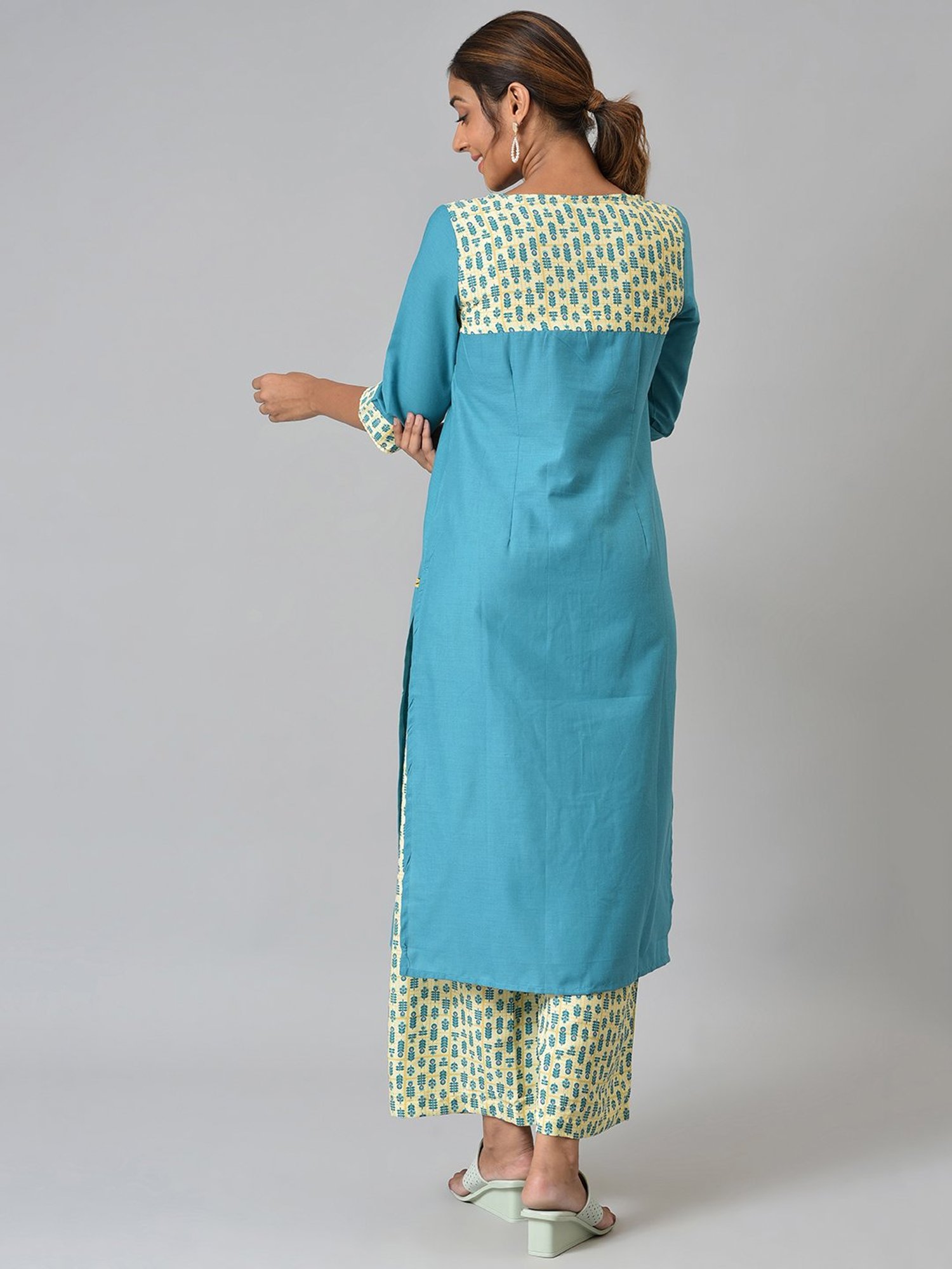 Aurelia Blue & Beige Cotton Floral Print Kurta Palazzo Set