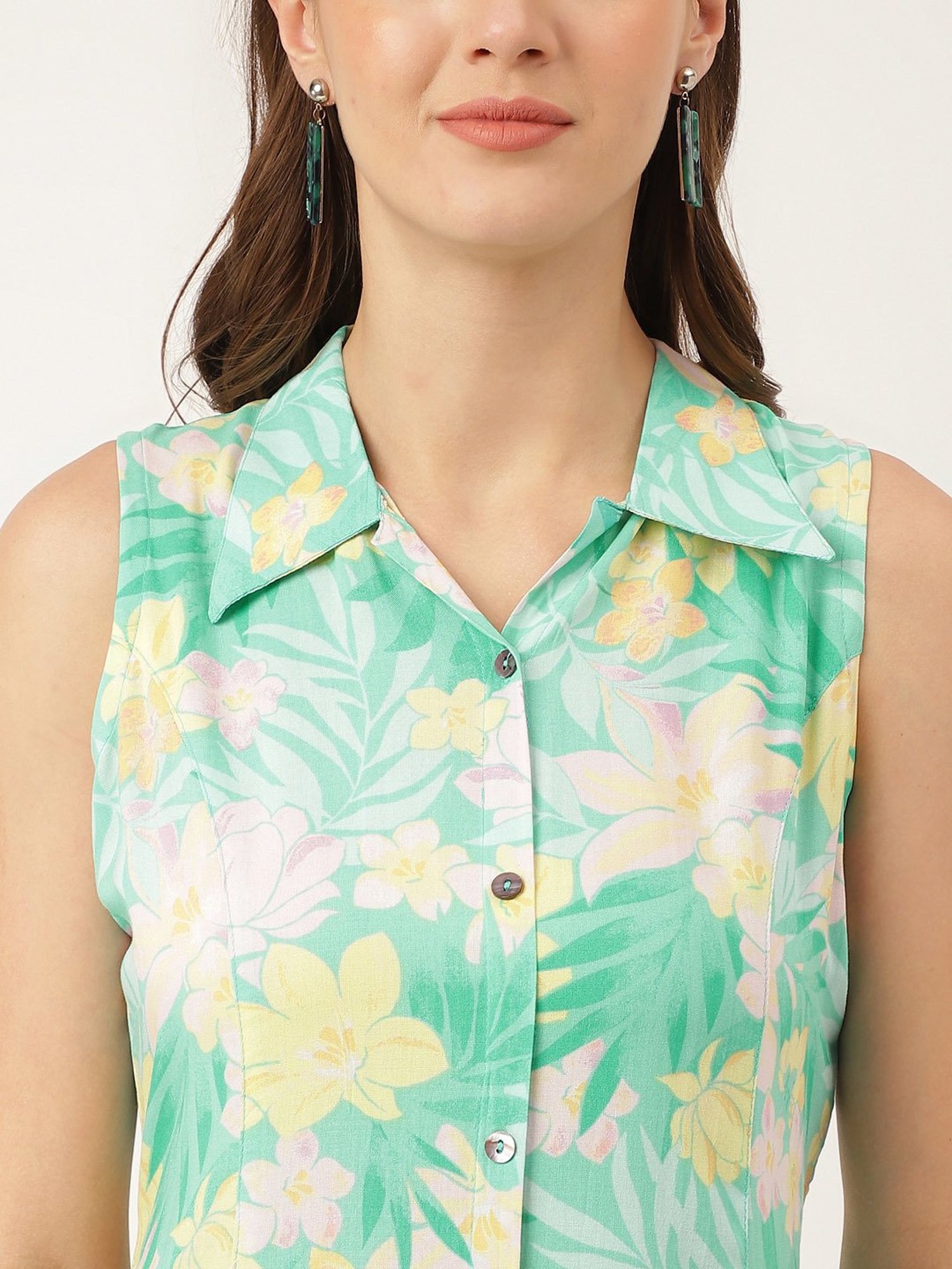 Divena Green Floral Print Ethnic Dress With Unstitched Sleeves