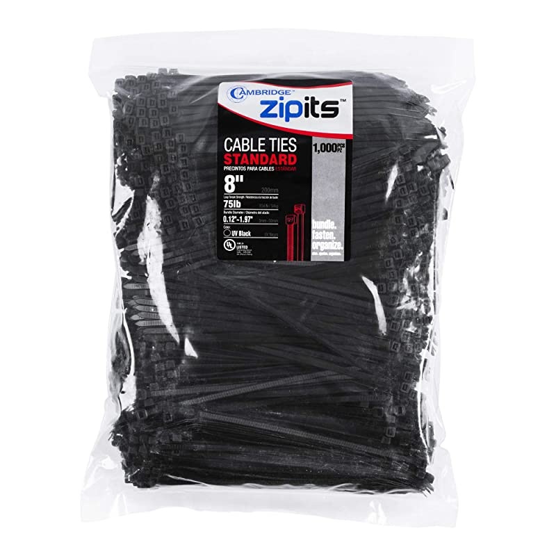 ZipIts Cable Ties 8 Inch 75 Lb Standard Duty Zip Ties 1000 Pieces UV Black UL Listed Contractor Quality Industrial Strength