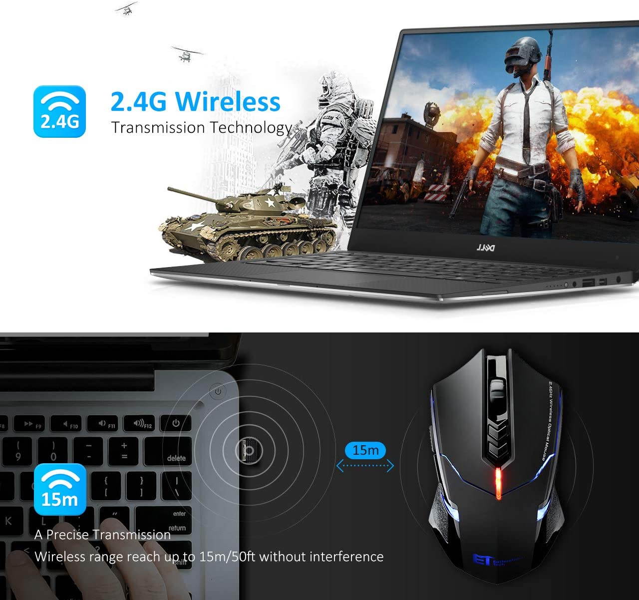 Wireless Gaming Mouse with Unique Silent Click, Breathing Backlit, 2 Programmable Side Buttons, 2400 DPI, Ergonomic Grips, 7-Button Design - Black