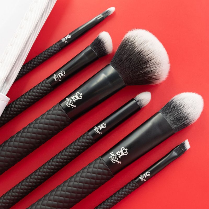 MODA Brush Pro 7pc Total Face Black Tavel Sized Makeup Brush Set with Travel Flip Case, Includes - Powder, Foundation, Angle Shader, and Brow/Liner Brushes