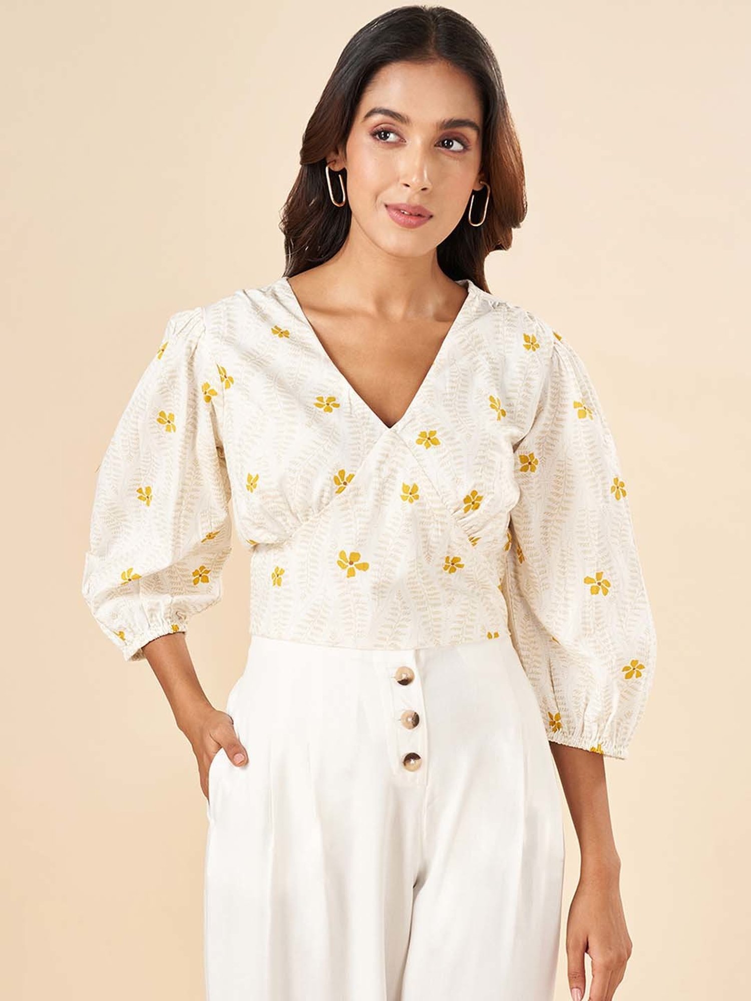 Akkriti by Pantaloons White & Yellow Cotton Printed Top