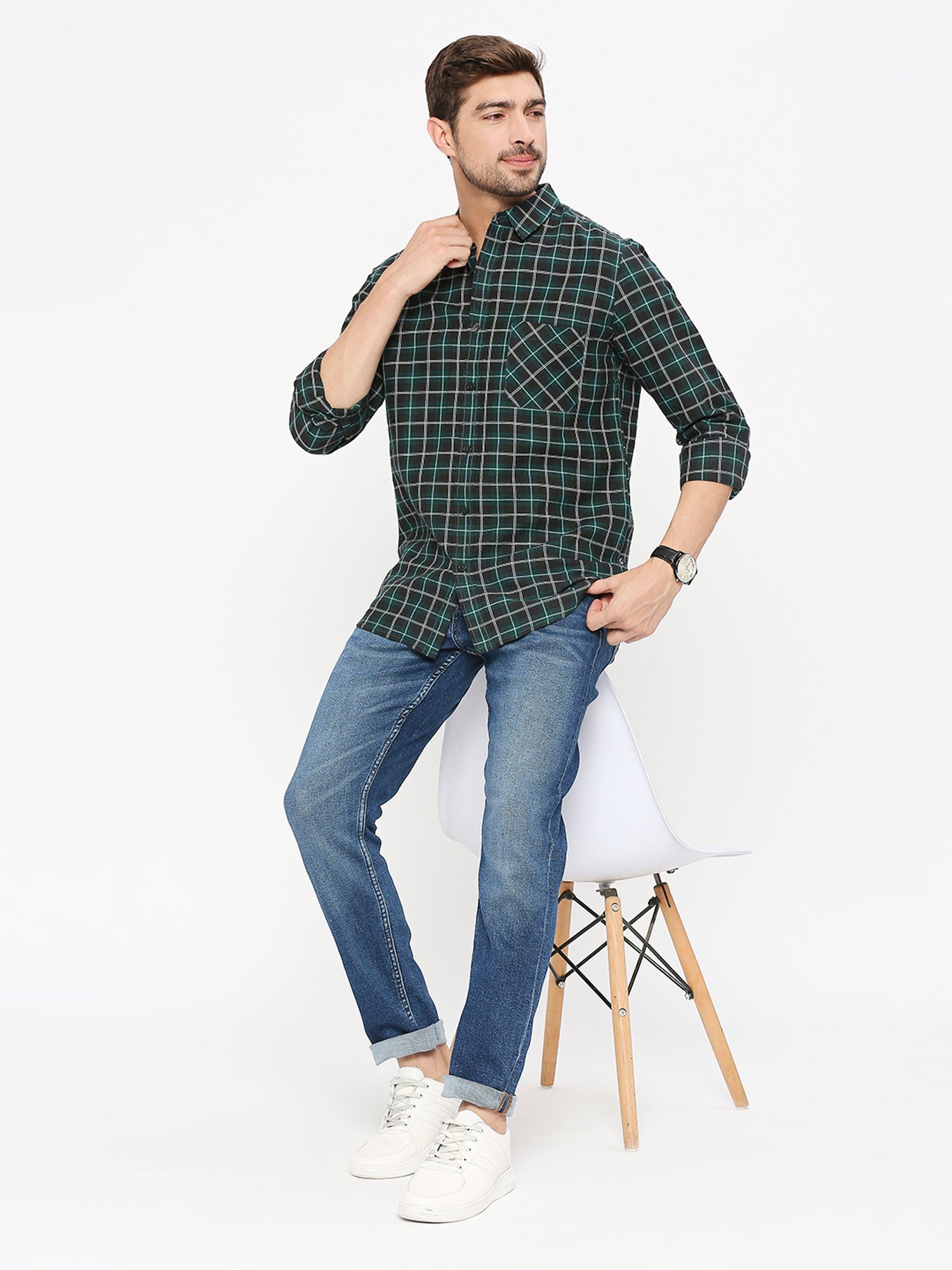 SOLEMIO Green Slim Fit Cotton Check Shirt