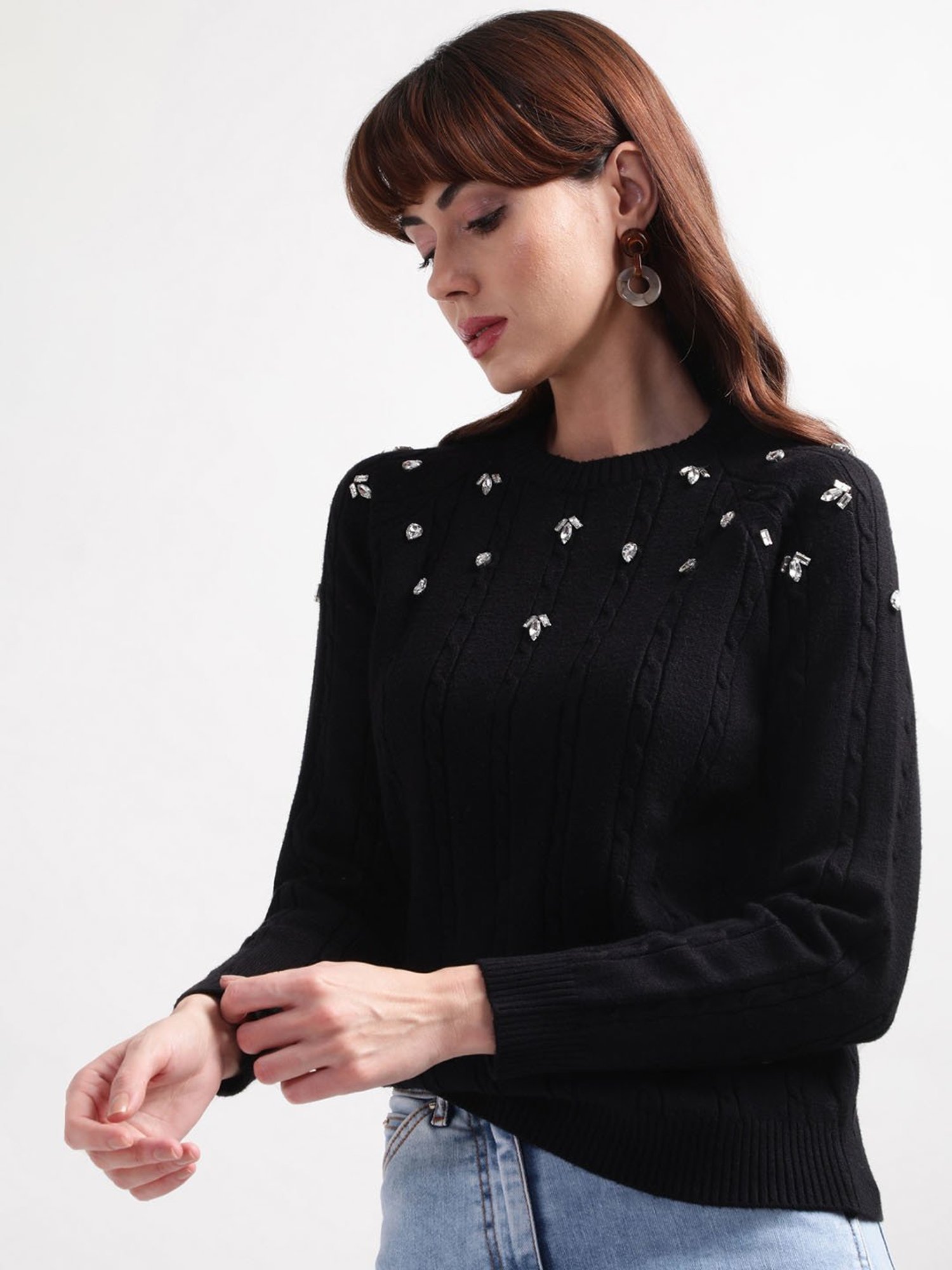Elle Black Cotton Embellished Sweater