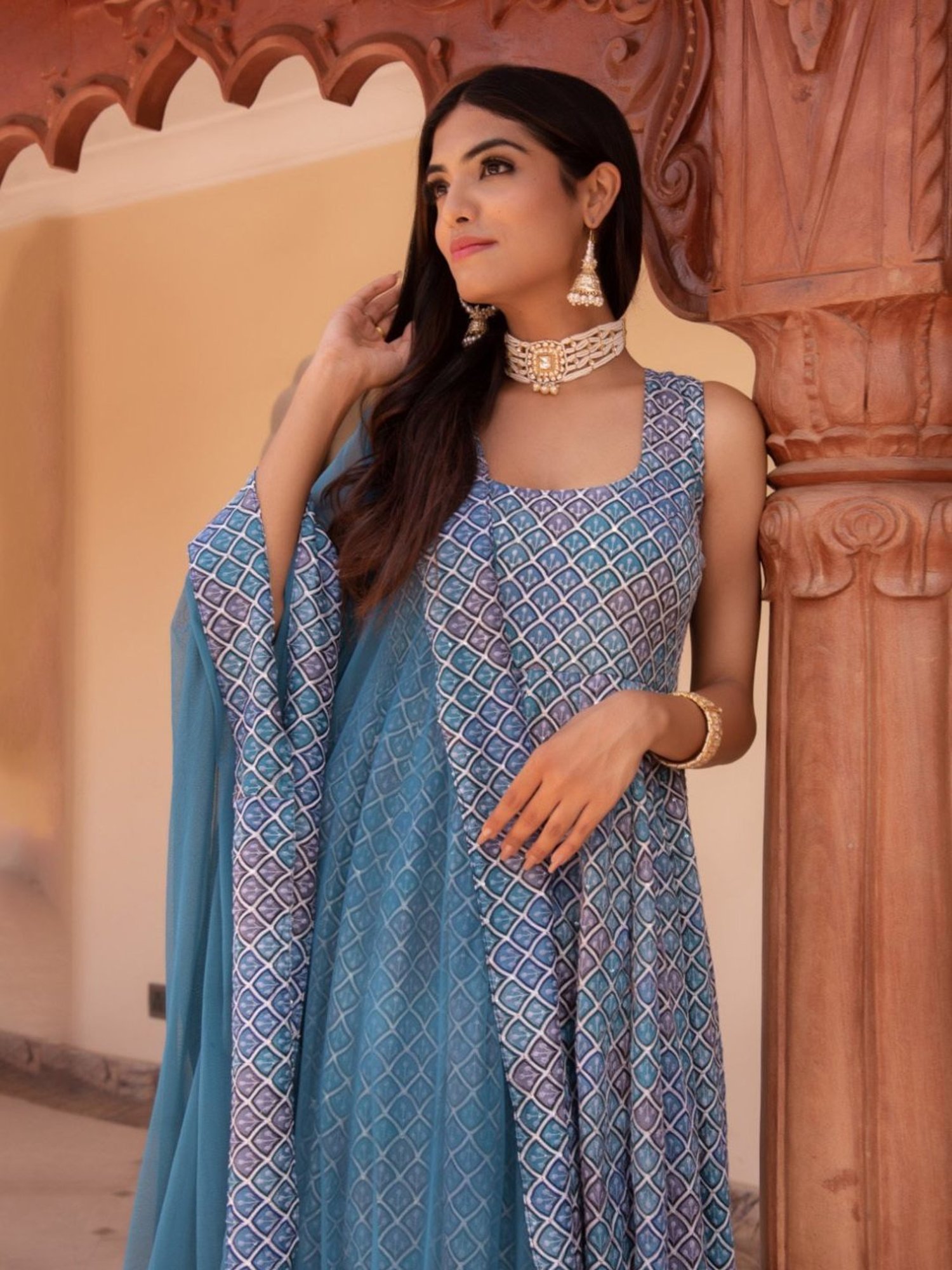 Calmna Blue and Grey Embroided Anarkali Suit Set