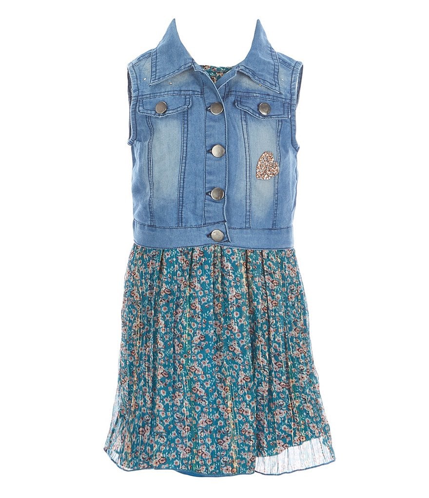 Rare Editions Little Girls 4-6X Denim Vest & Ditsy Print Pleated Chiffon Dress Set