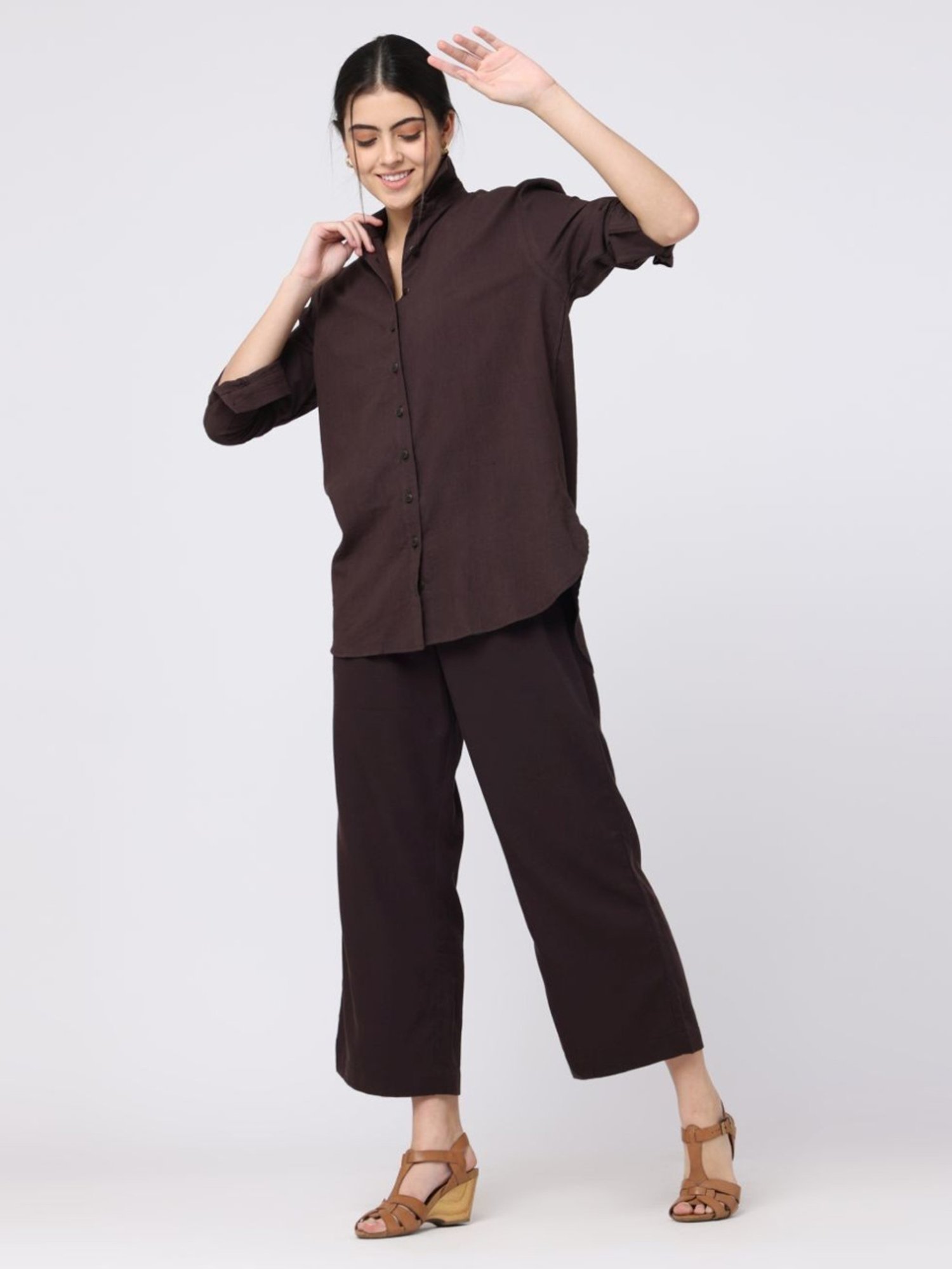 Saltpetre Elegant LInen Coffee Brown Shirt with Wide leg Trousers Co-ord Set