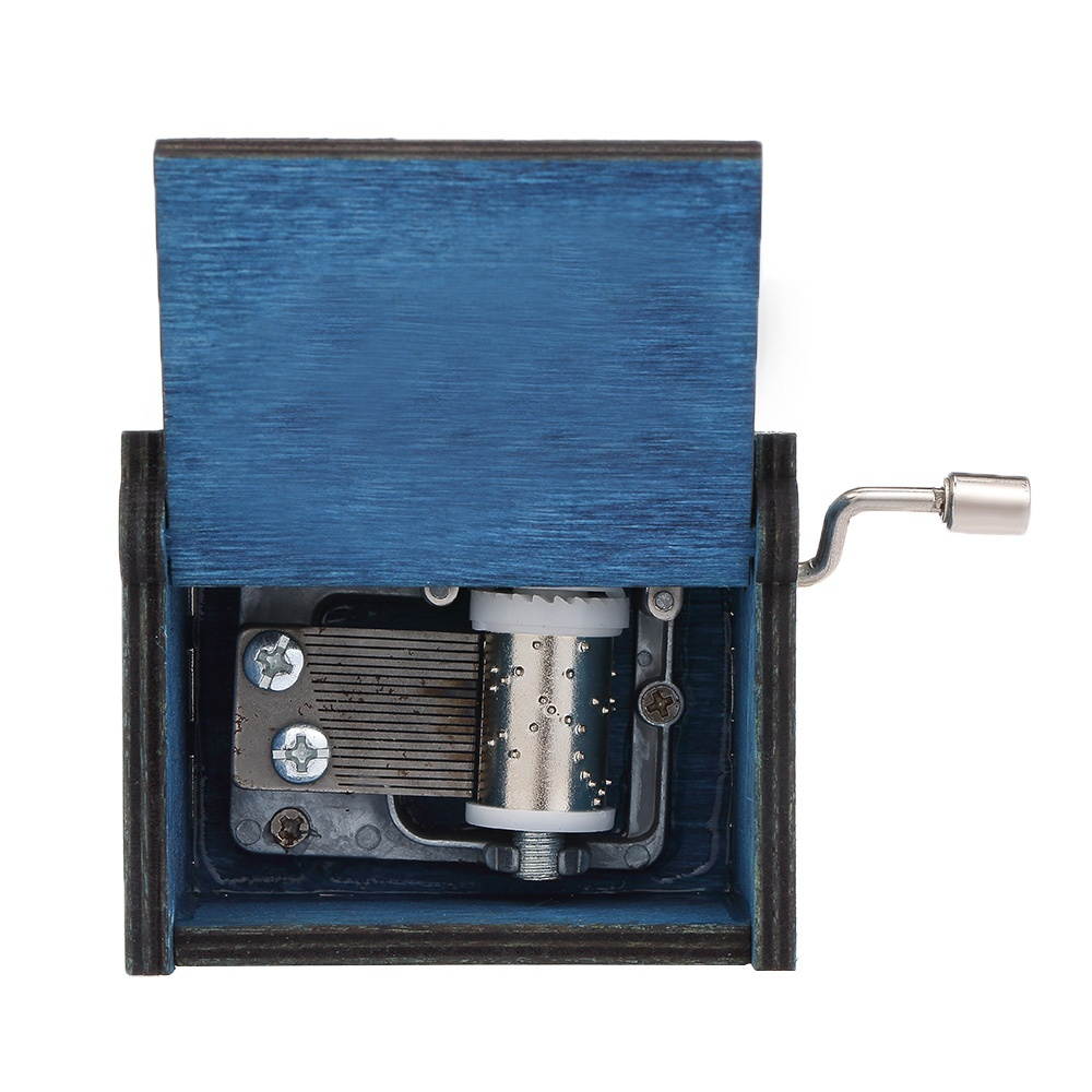 Vintage Wooden Theme Song Music Box Hand-operated Carved Engraving Music Case Creative Holiday Birthday Gifts for Kids Blue