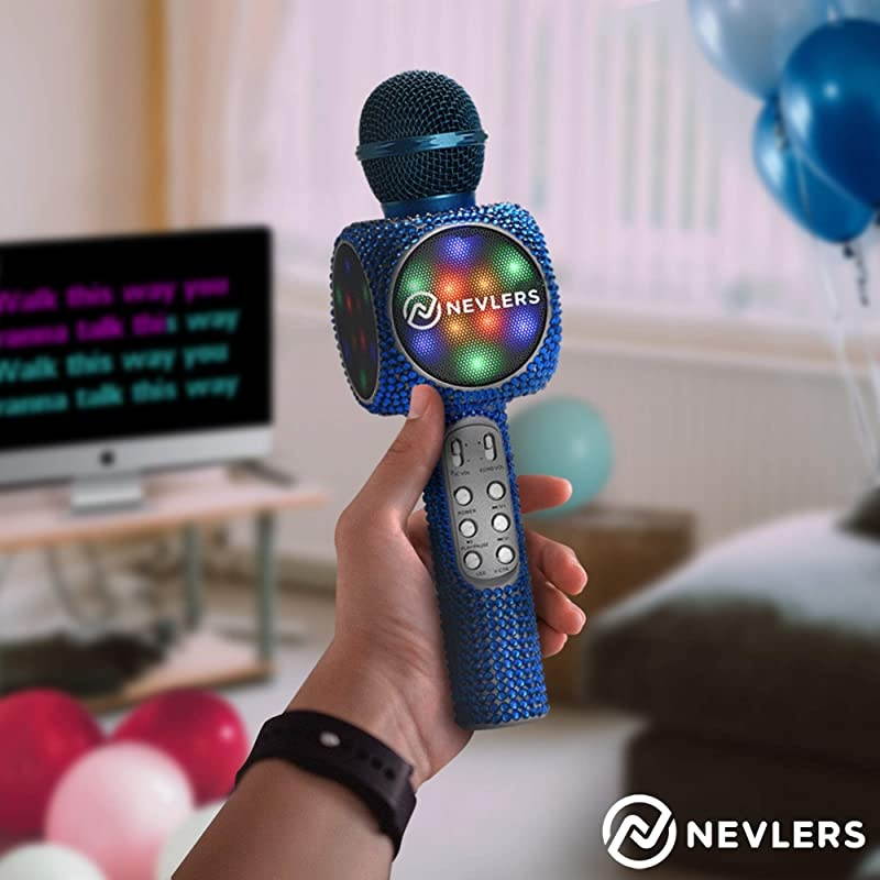 Karaoke Microphone with Wireless Bluetooth Speaker, Voice Changer and Colorful LED Lights, Easy to Use Portable Karaoke Machine for Kids and Adults - Blue Bling