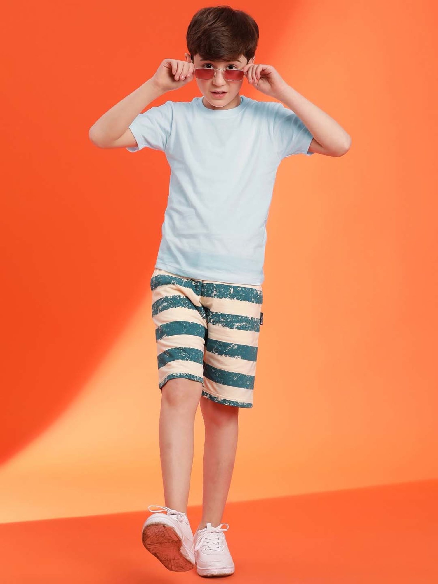 Lil Tomatoes Kids Teal Blue & Cream Striped Bermuda