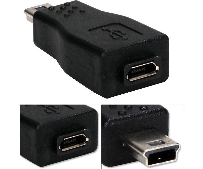 QVS Mini-USB Male to Micro-USB Female Adaptor - 1 x Type B Male Mini USB - 1 x Type B Female Micro USB - Nickel Connector - Black