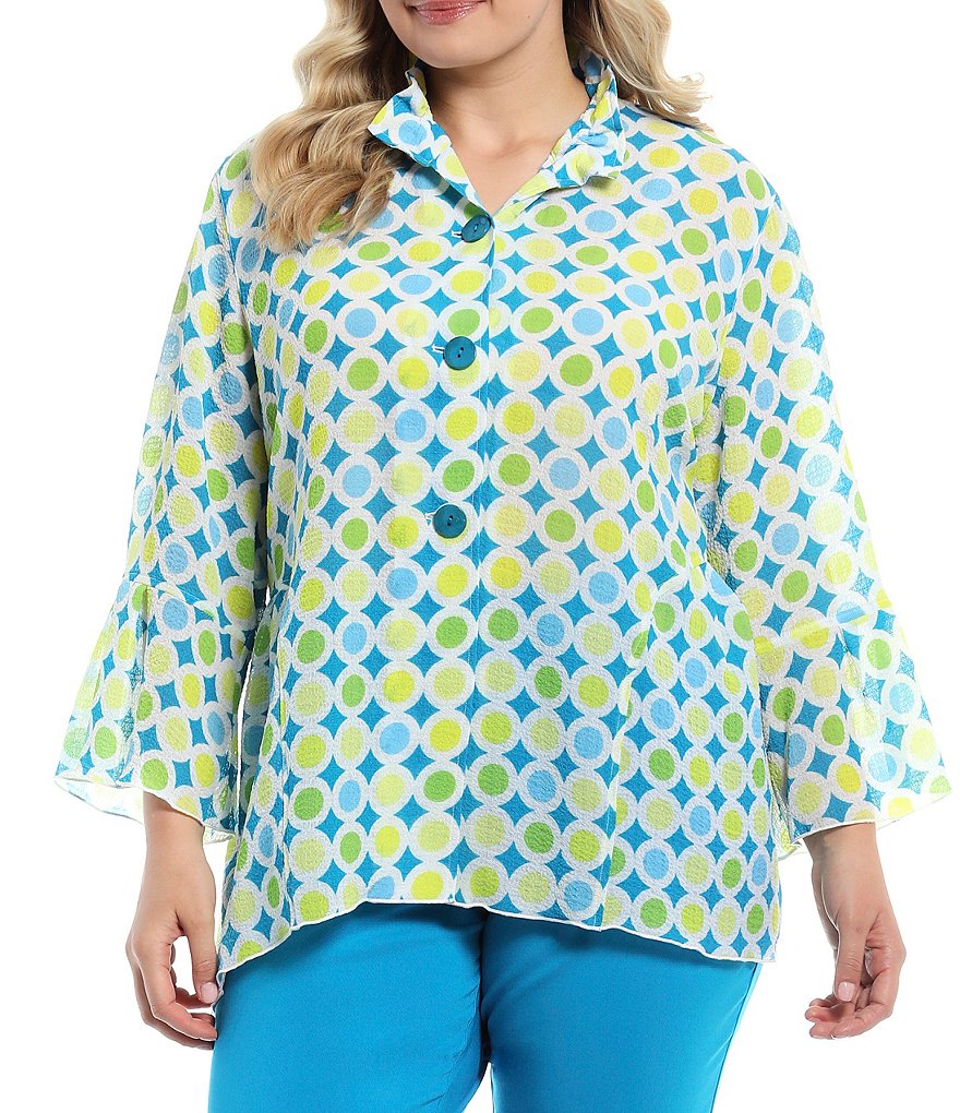 Multiples Plus Size Dot Print Texture Woven 3/4 Sleeve Flounce Cuff Button Front Peplum Jacket
