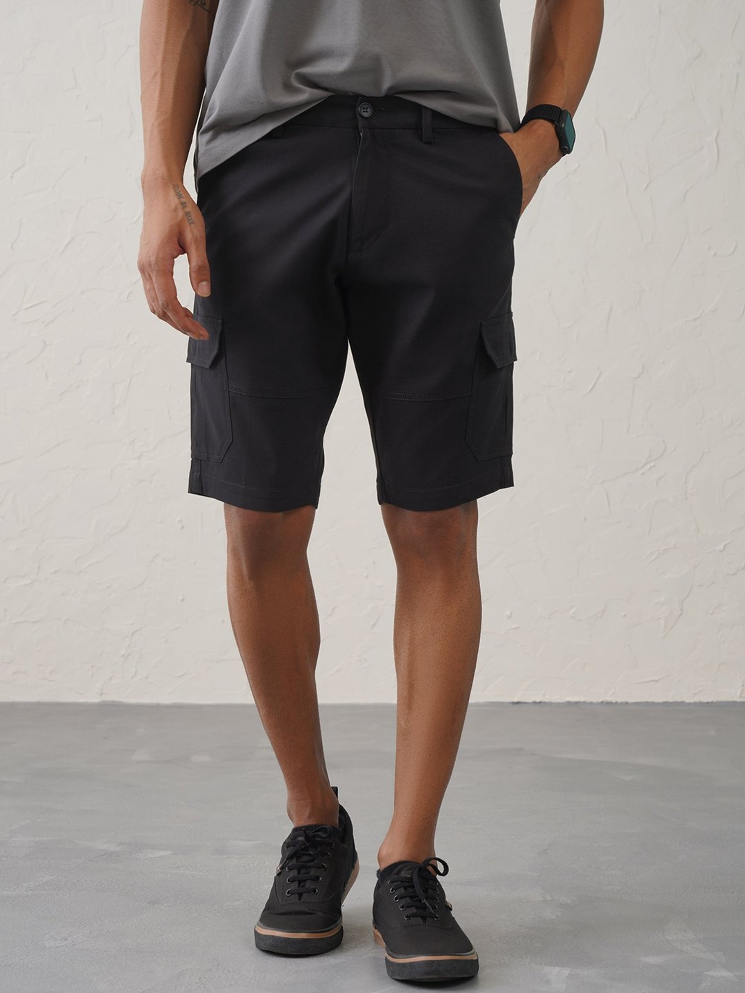 MinusOne Black Slim Fit Cargo Shorts