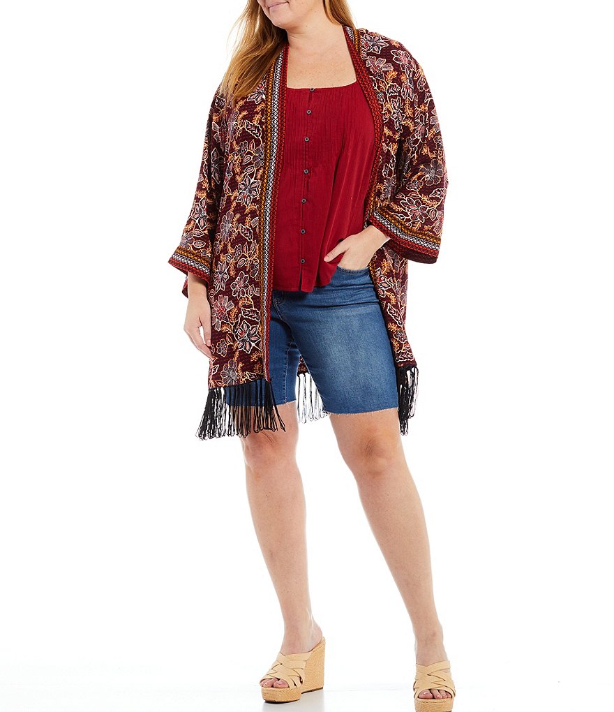 Jessica Simpson Plus Size JJ Red Dahlia Moroccan Border Print Fringe Hem Kimono Jacket