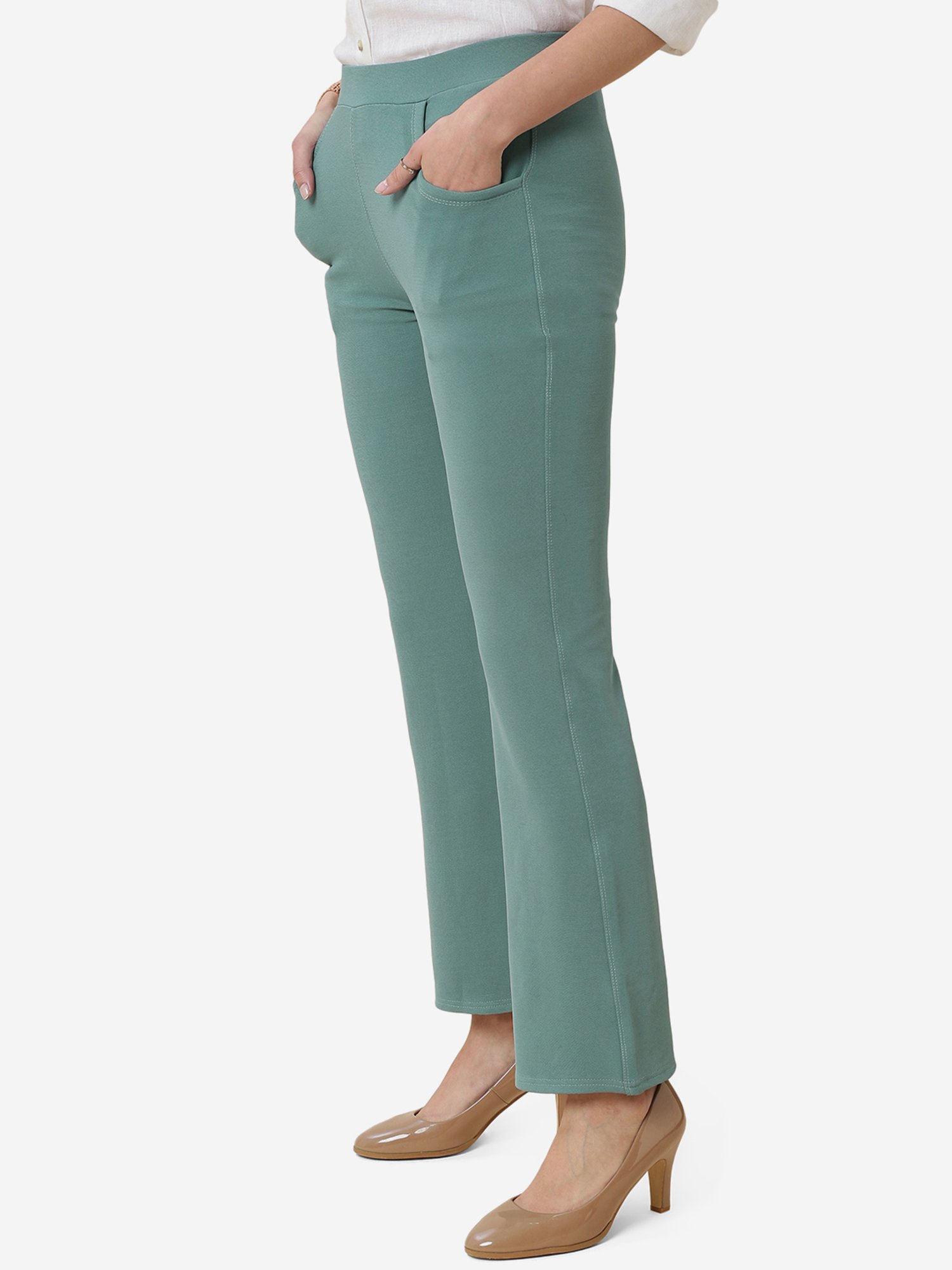 FITHUB Green Regular Fit High Rise Bootcut Trousers