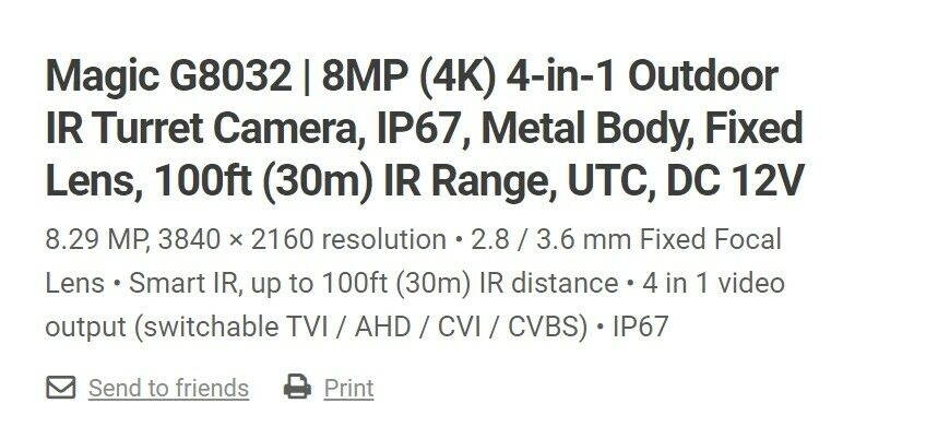 Eyemax Magic series TIU G8032 8MP 4K UHD Outdoor IR Turret Camera, IP67, Metal Body 3.6mm 12V DC