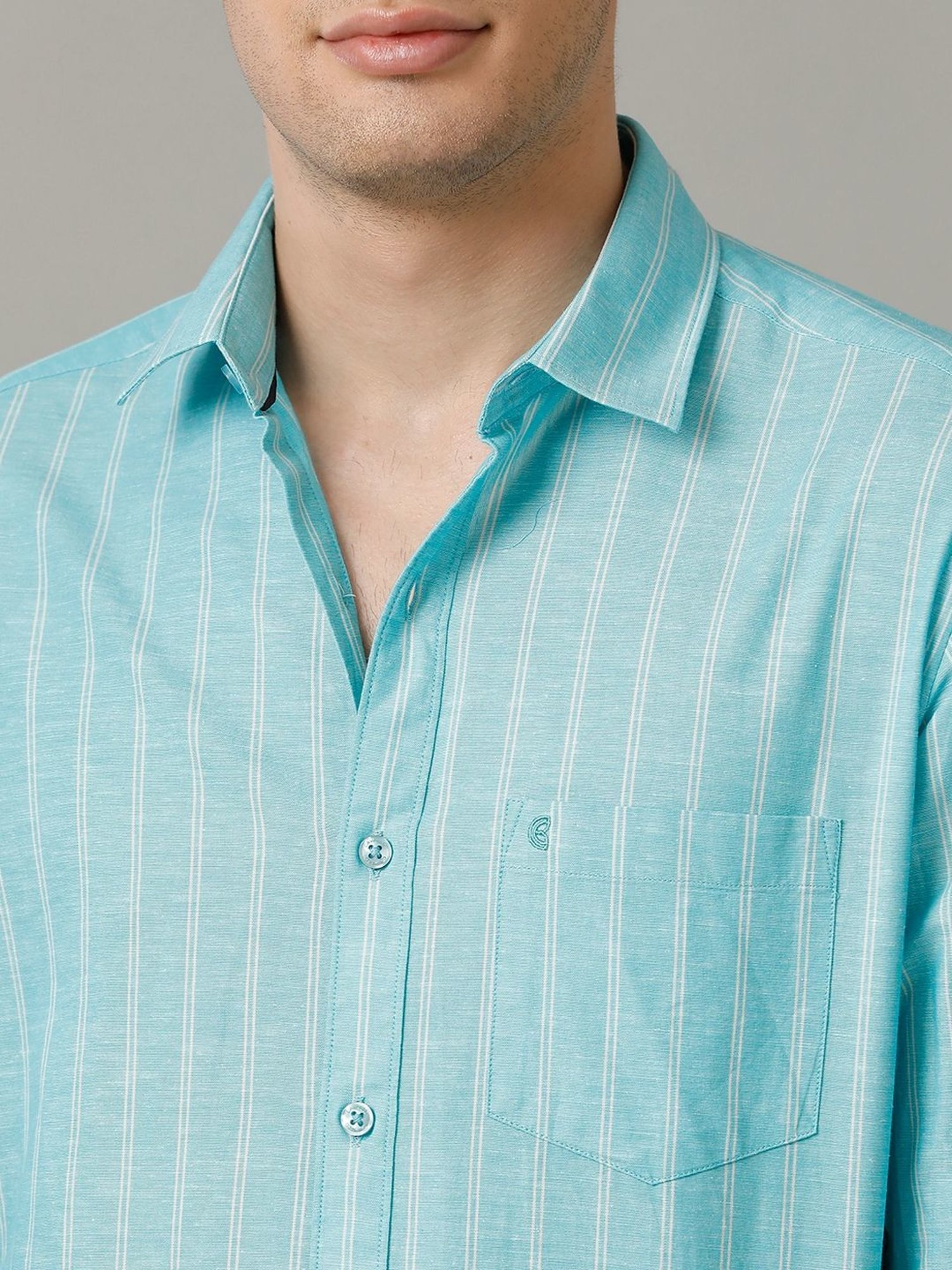 Cavallo By Linen Club Turquoise Blue Linen Contemporary Fit Striped Shirt