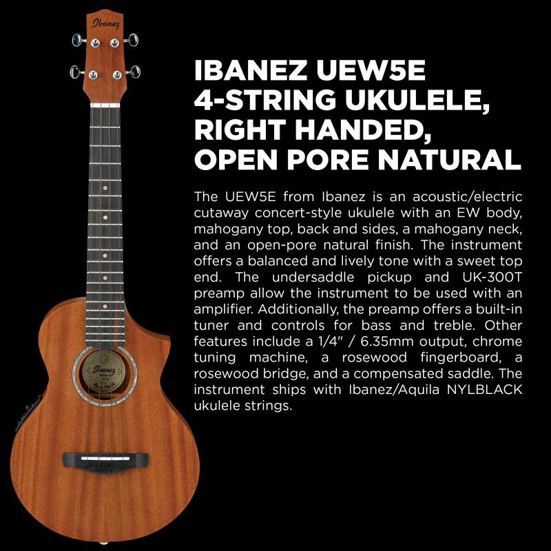 Ibanez UEW5E 4-String Ukulele, Right Handed, Open Pore Natural